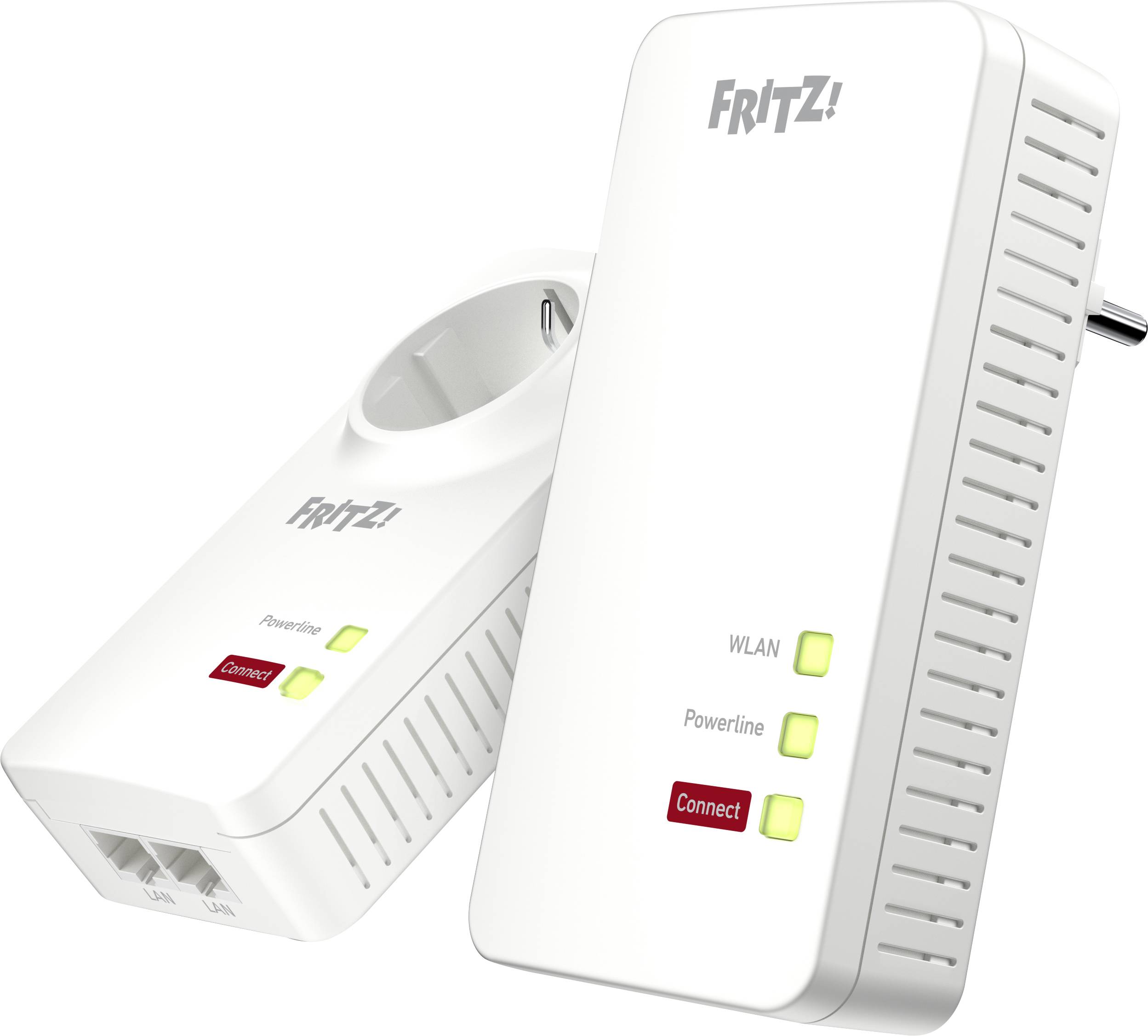 Zwei weiße FRITZ! Powerline-Adapter, einer mit Steckdose. Beide haben Leuchten für WLAN, Powerline und Connect. Links LAN-Anschlüsse.