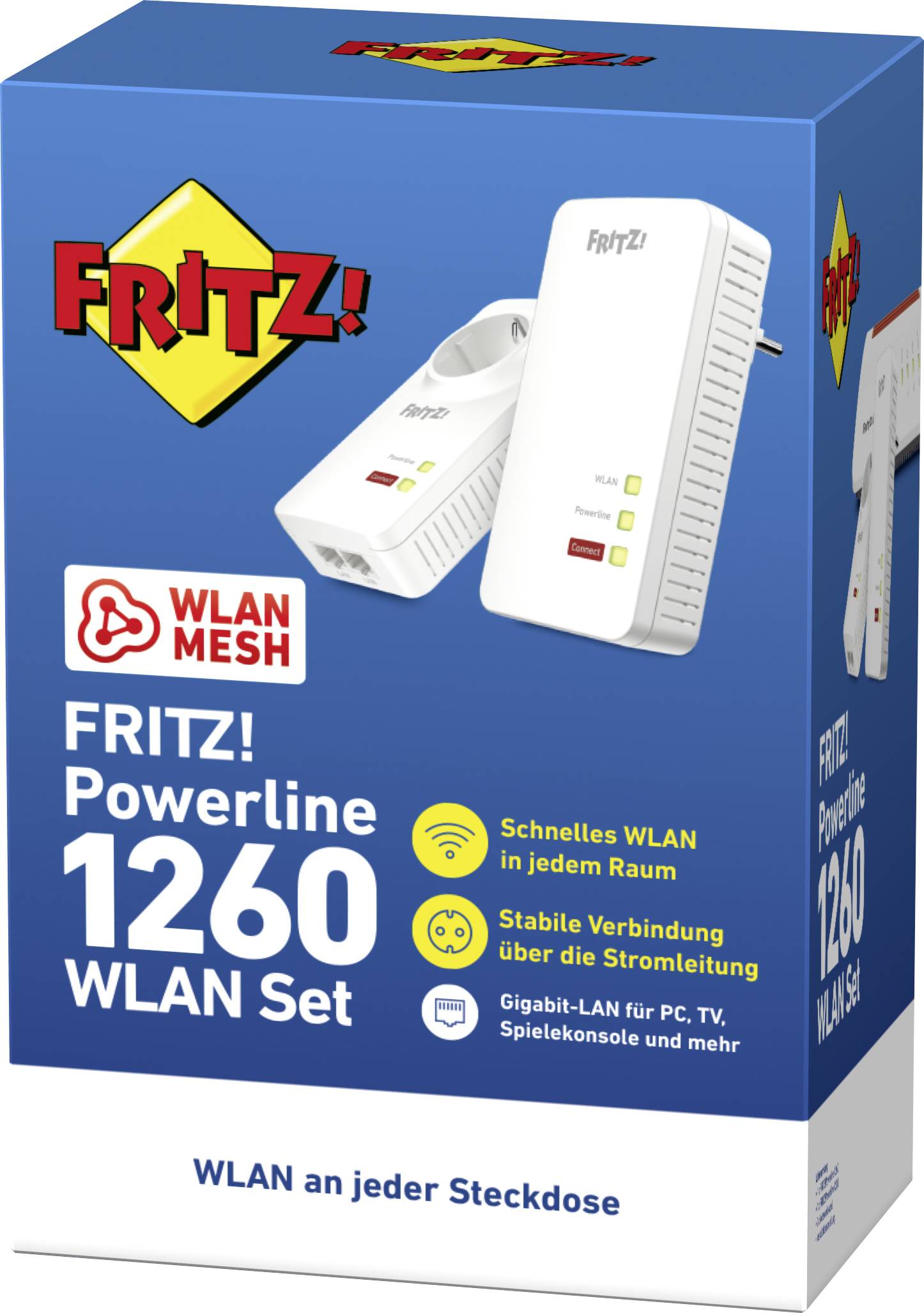 Verpackung eines FRITZ! Powerline 1260 WLAN Set. Hebt hervor: 'Schnelles WLAN in jedem Raum', 'Stabile Verbindung über die Stromleitung'.
