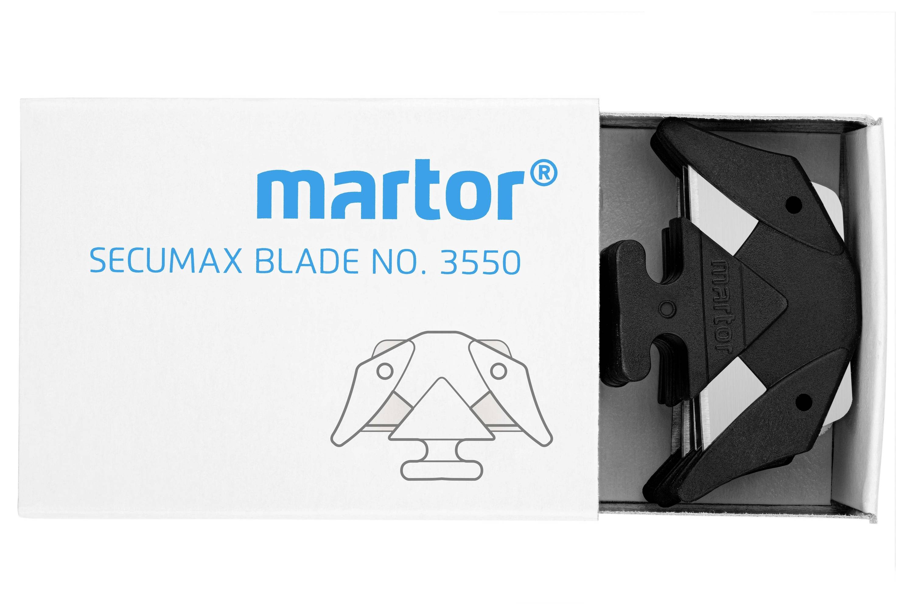 Verpackung einer Klinge mit der Aufschrift 'martor SECUMAX BLADE NO. 3550'. Klinge zeigt eine schwarze Halterung in einer offenen Schachtel.
