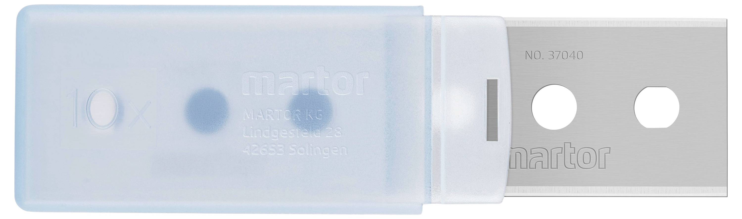 Ein großer Rasierklinge mit blauer, transparenter Kunststoffabdeckung; zwei runde Löcher.