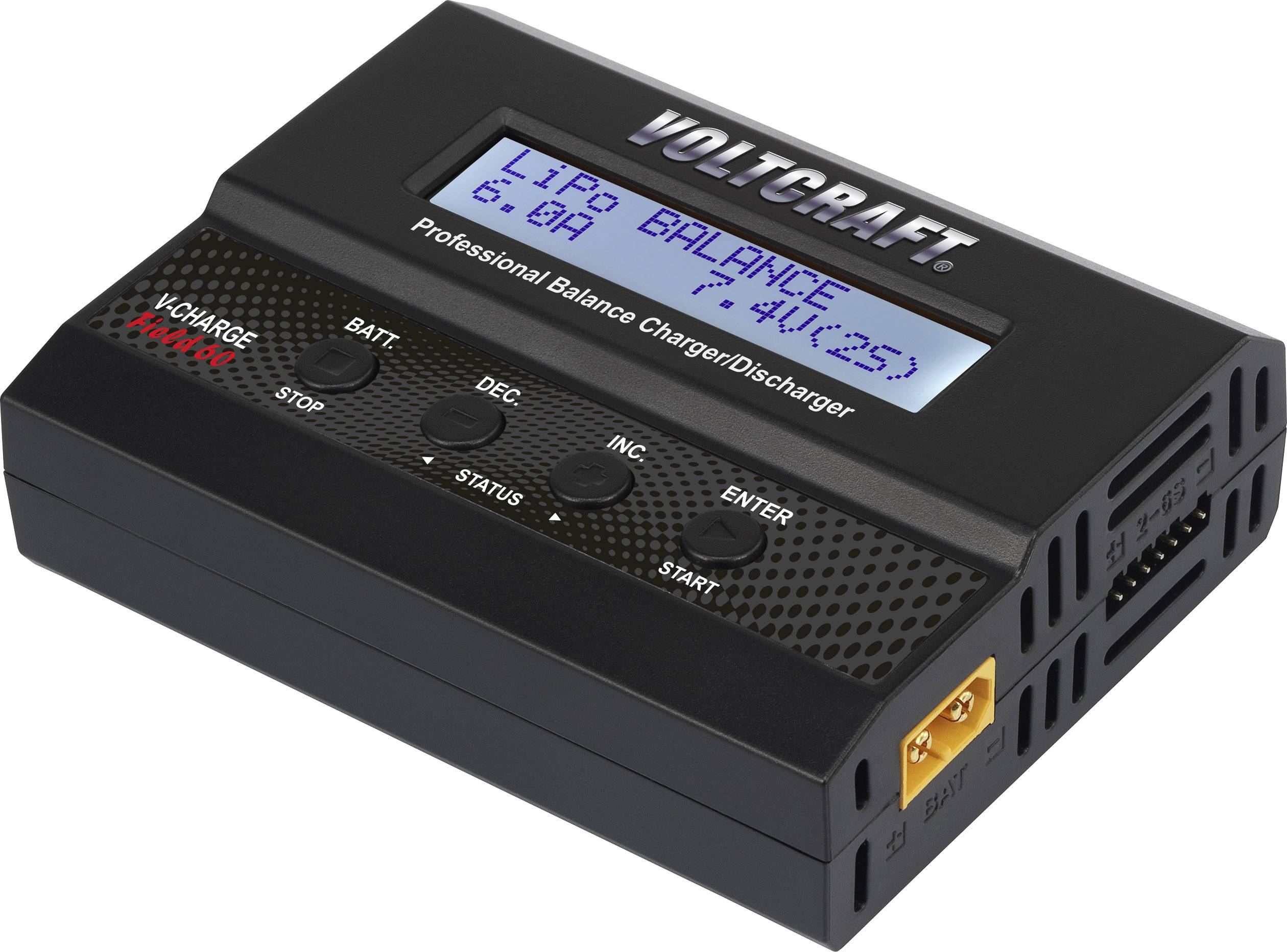 Ladegerät mit Display zeigt 'LIPO BALANCE', Spannung 6.0A, 7.4V (2S), Marke 'VOLTCRAFT', schwarz, Tasten für Bedienung.