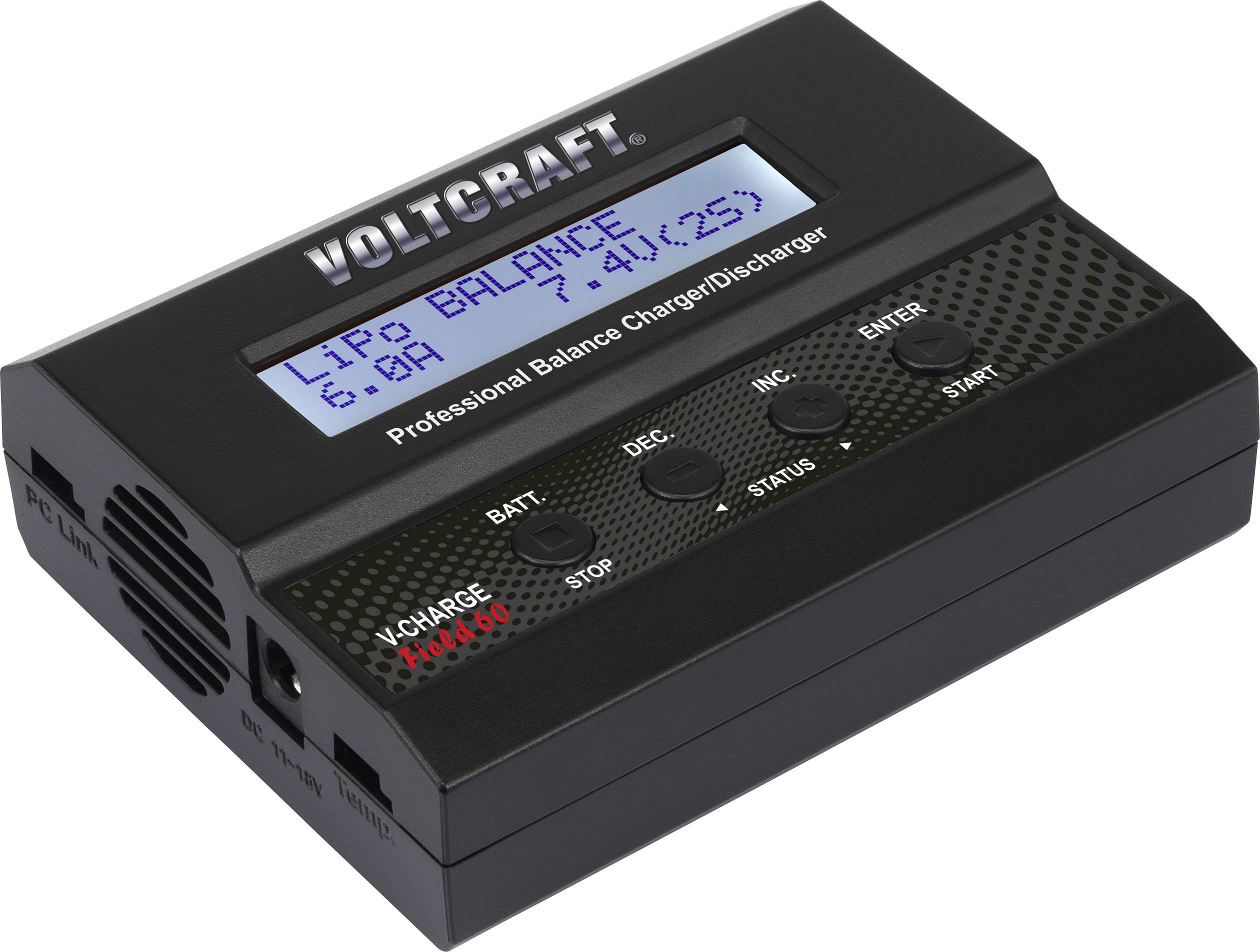 Ein schwarzes Voltcraft Balance-Ladegerät mit Display, das 'Lipo Balance 6.0A -41.(25)' anzeigt. Knöpfe für INC, DEC, STATUS.
