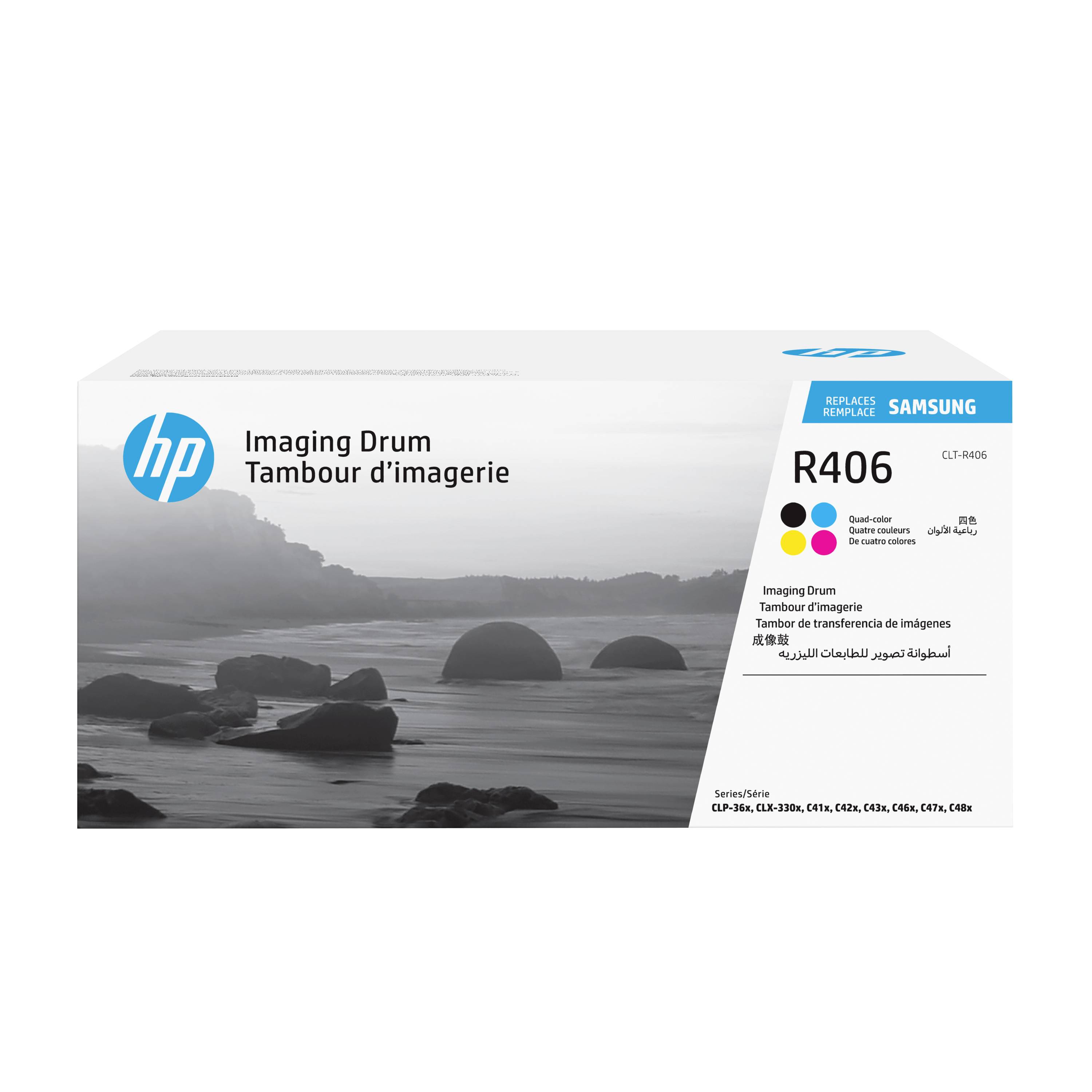 HP Samsung Austausch-Bildtrommelkartusche R406 Packung mit monochromatischem Meereslandschaftsbild und mehrsprachigem Etikett.