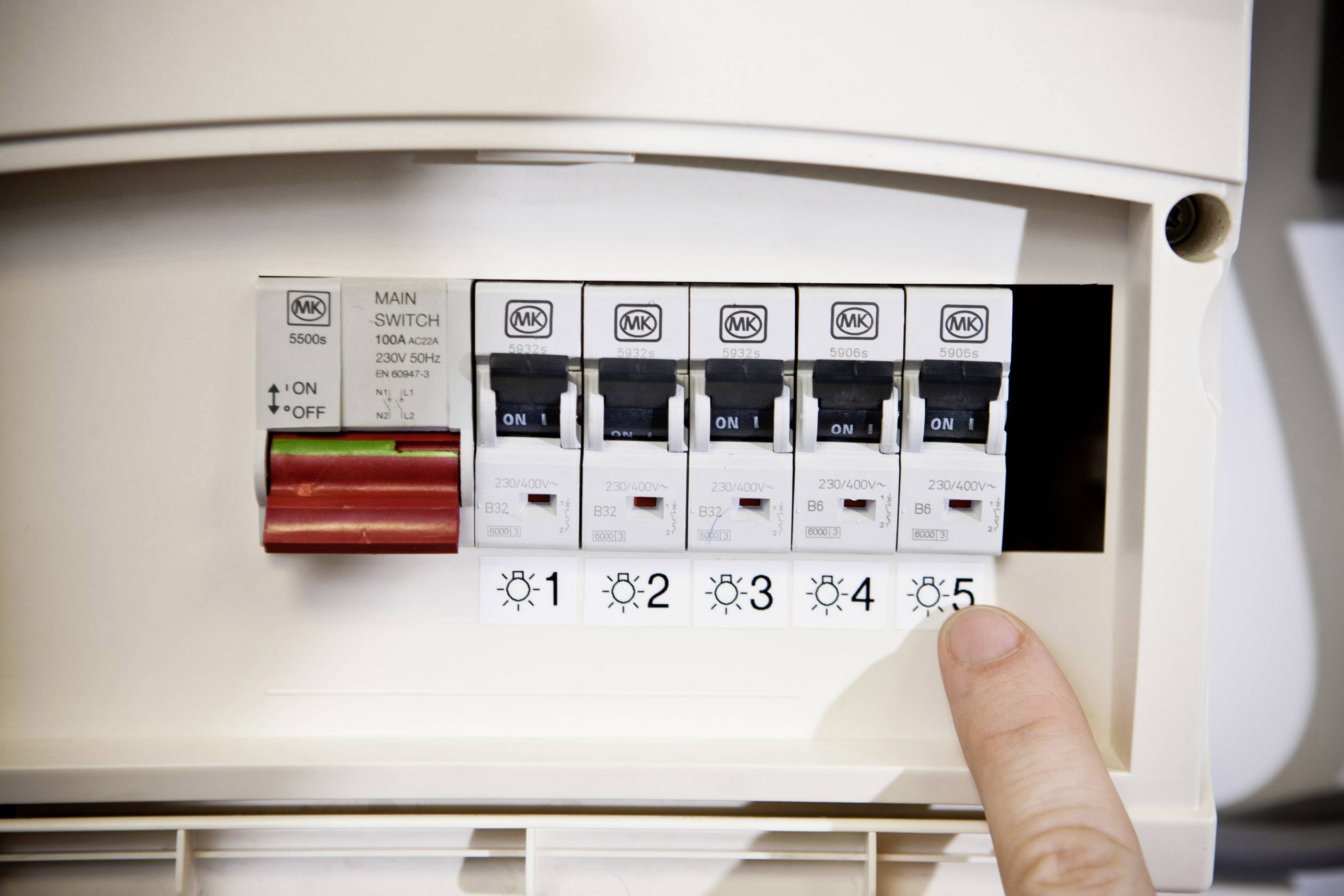 Finger zeigt auf einen elektrischen Sicherungskasten mit mehreren Schaltern, die von 1 bis 5 nummeriert sind. Der Hauptschalter ist ausgeschaltet.