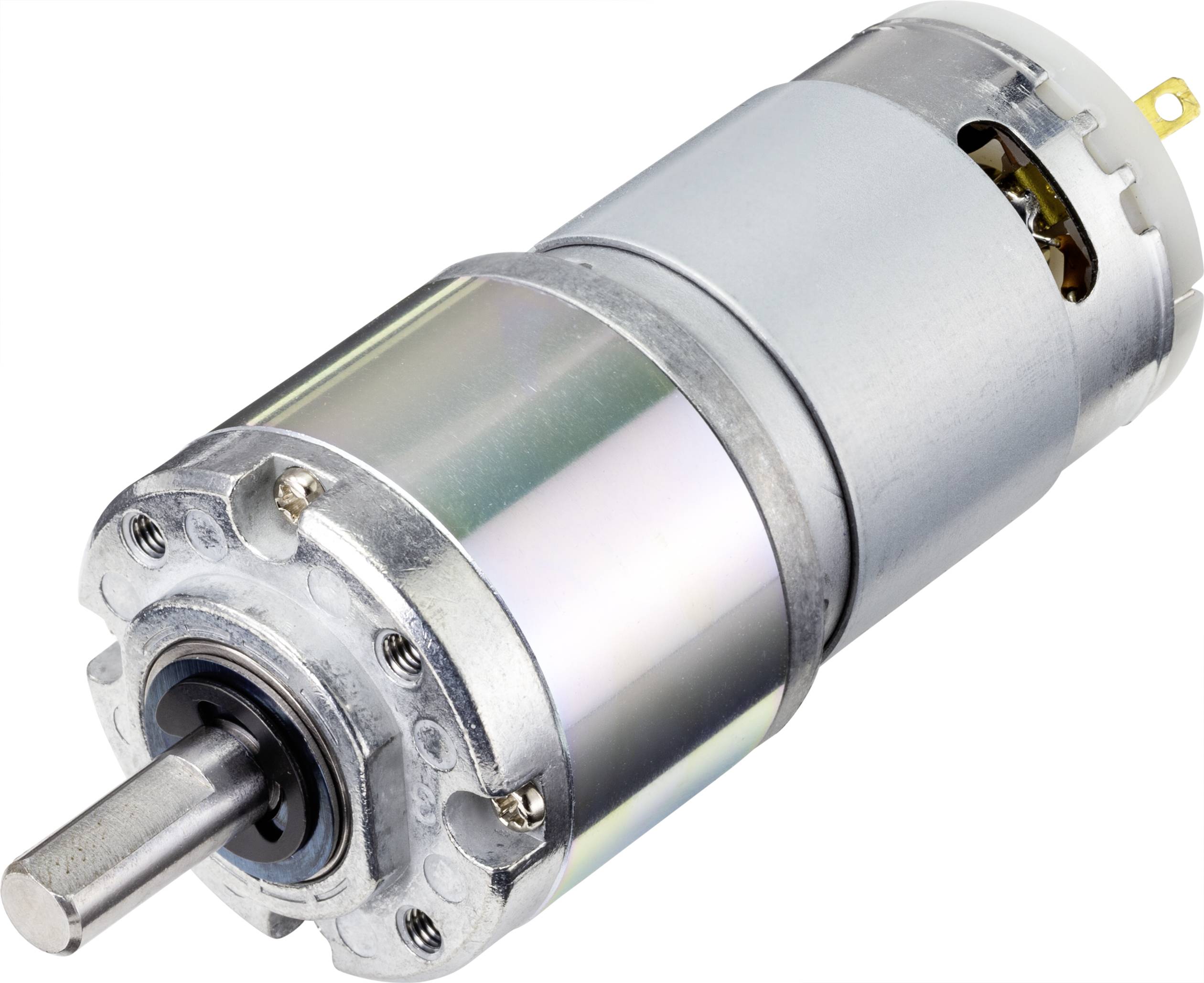 Ein silberner Elektromotor mit einem Metallgehäuse und einer rotierenden Welle auf weißem Hintergrund.