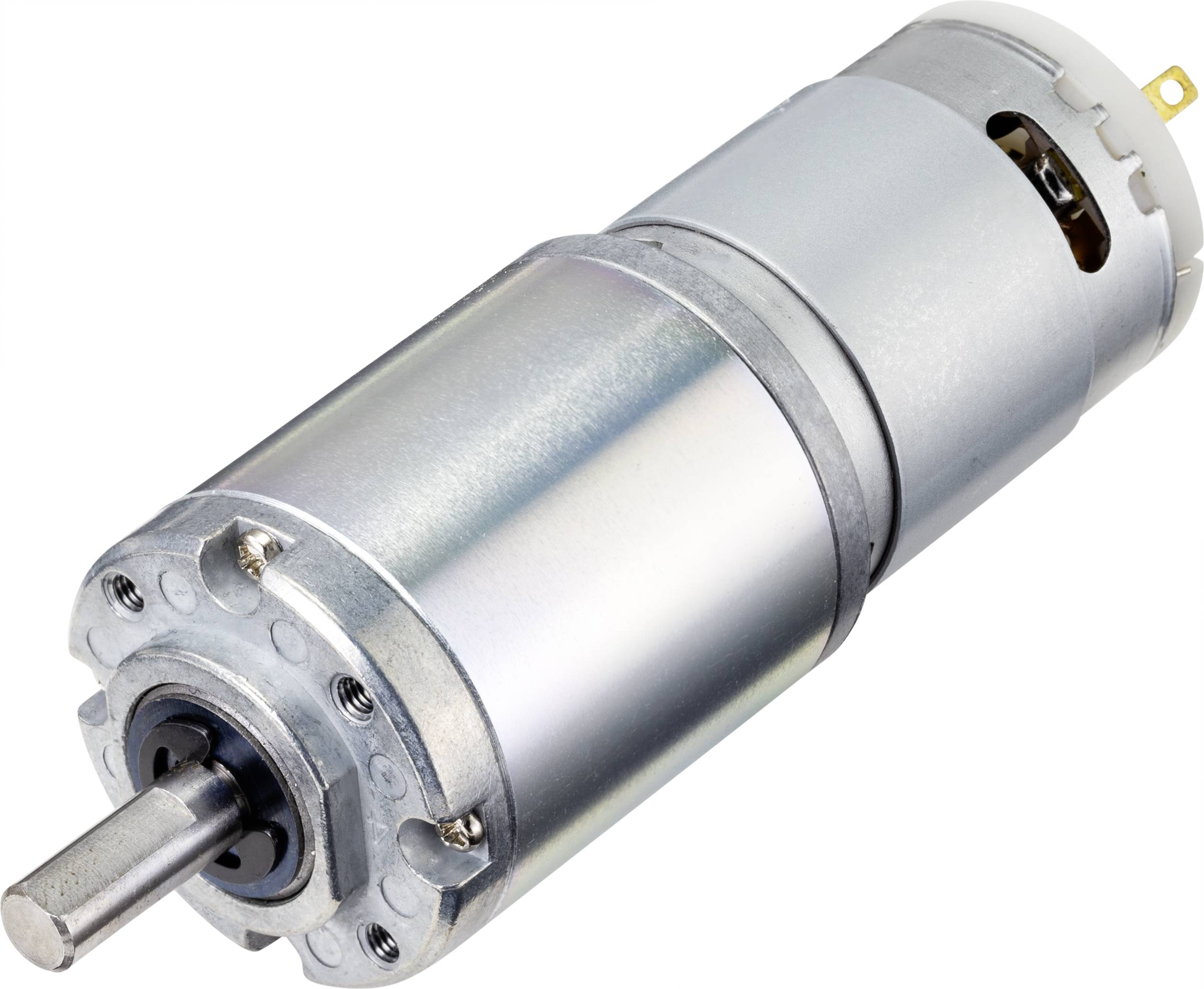 Zylindrischer Elektromotor in Metallgehäuse mit sichtbarem Anschlusskasten und Welle an der Unterseite.