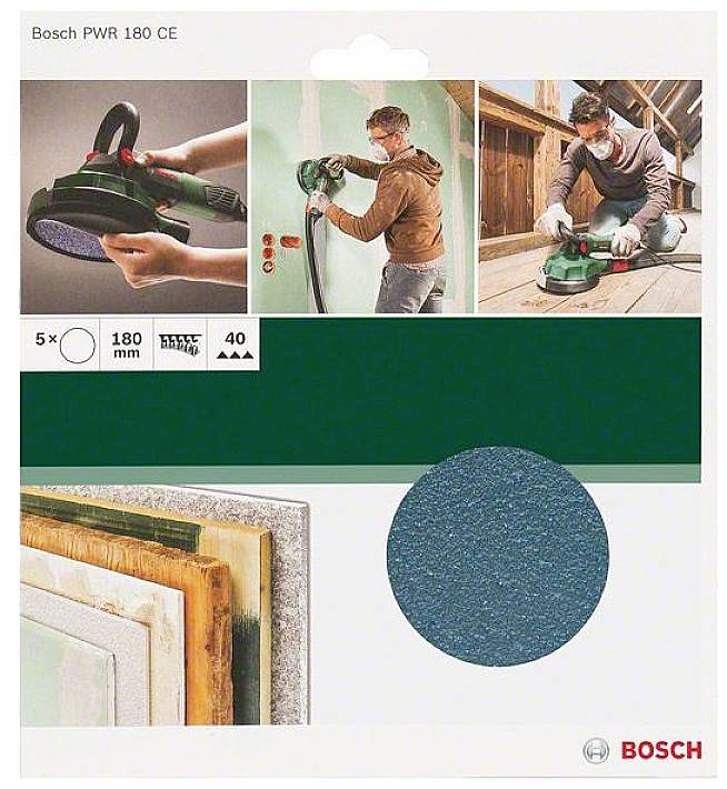 Verpackung des Bosch PWR 180 CE. Zeigt Anwendung des Schleifgeräts an Wand. Enthält Details zu Zubehör und Körnung (40).