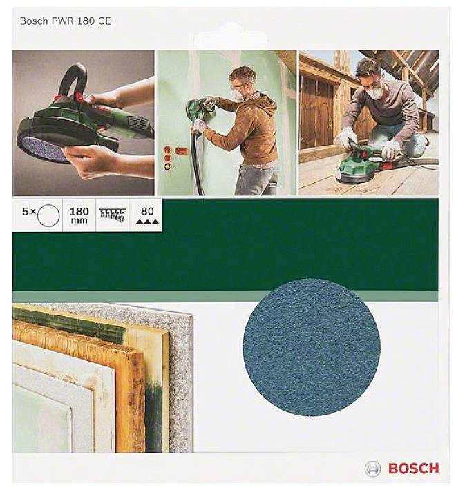 Mann benutzt eine grüne Schleifmaschine auf Wänden. Enthält Details zu Schleifscheiben und Markenlogo. Verkaufsverpackung für Schleifgerät.