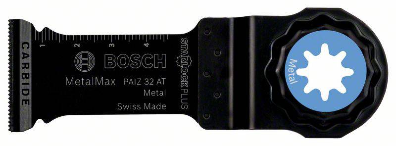 Bosch Starlock Plus Sägeblatt, Modell PAIZ 32 AT MetalMax, zum Schneiden von Metall. Schwarzes Design mit blauer Metalkennzeichnung.