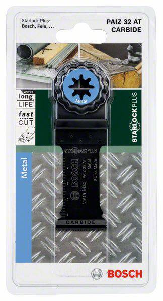 'BOSCH Starlock Plus PAIZ 32 AT Carbide', Sägeblatt für Metall, mit Verpackung. Hauptmerkmale: längere Lebensdauer, schnelle Schnitte.