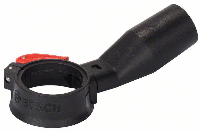 Ein schwarzer Bosch-Staubabsaugadapter mit rotem Hebel, der Zubehör an Elektrowerkzeuge anschließt.