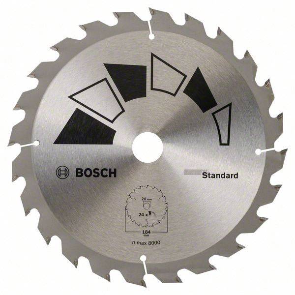 Ein Sägeblatt von Bosch mit 24 Zähnen, designed für Standardanwendungen, geeignet für hohe Drehzahlen bis maximal 8000 U/min.