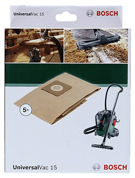 'Bosch UniversalVac 15' Staubsaugerbeutel-Verpackung mit Bild eines Staubsaugers, fünf Ersatzbeuteln und Staubsauger im Einsatz.