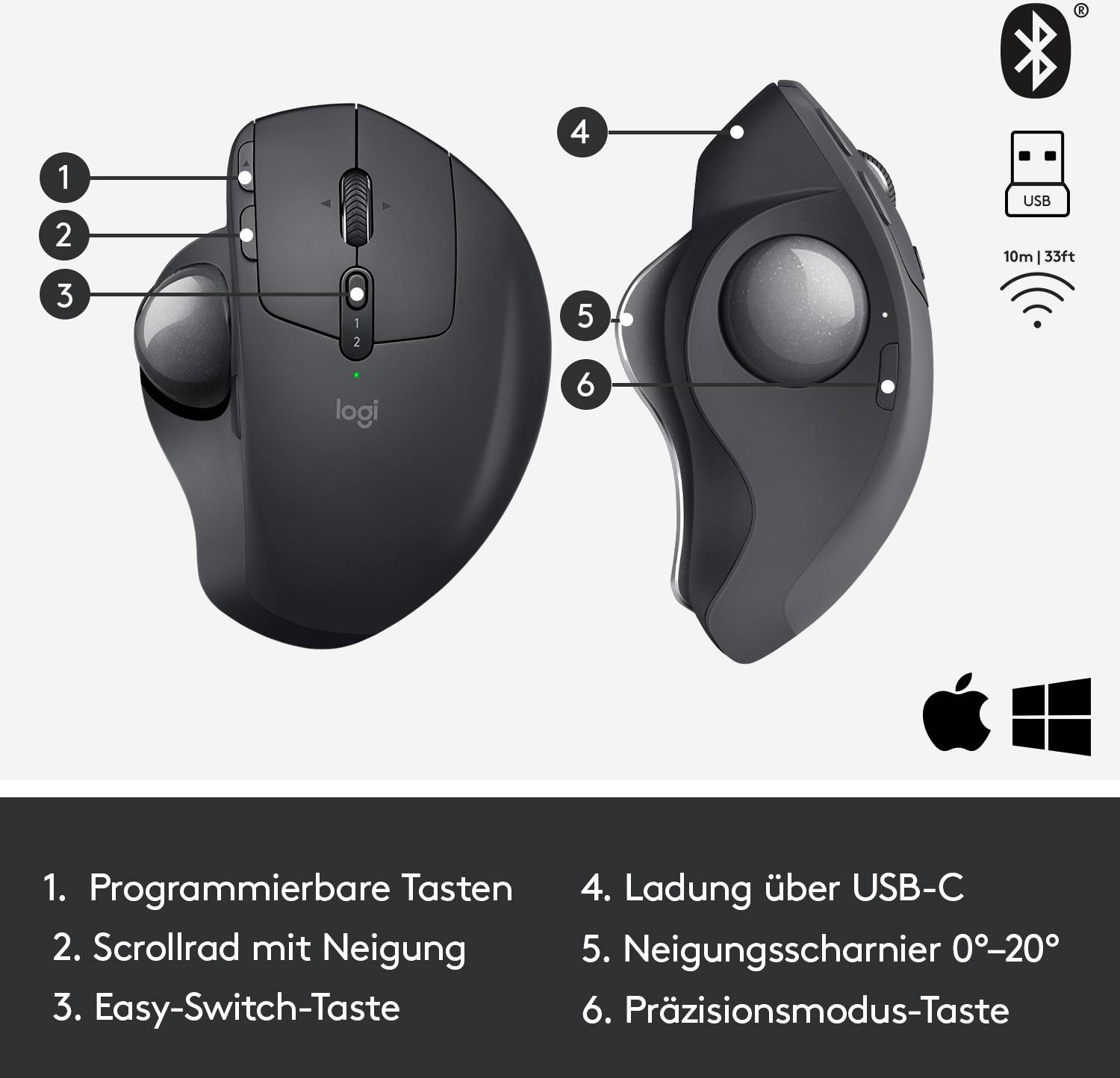 Logitech MX Ergo Trackball Bluetooth®, Funk Optisch Schwarz 8 Tasten 380 dpi Ergonomisch, Integrierter Trackball, Wiederaufladbar