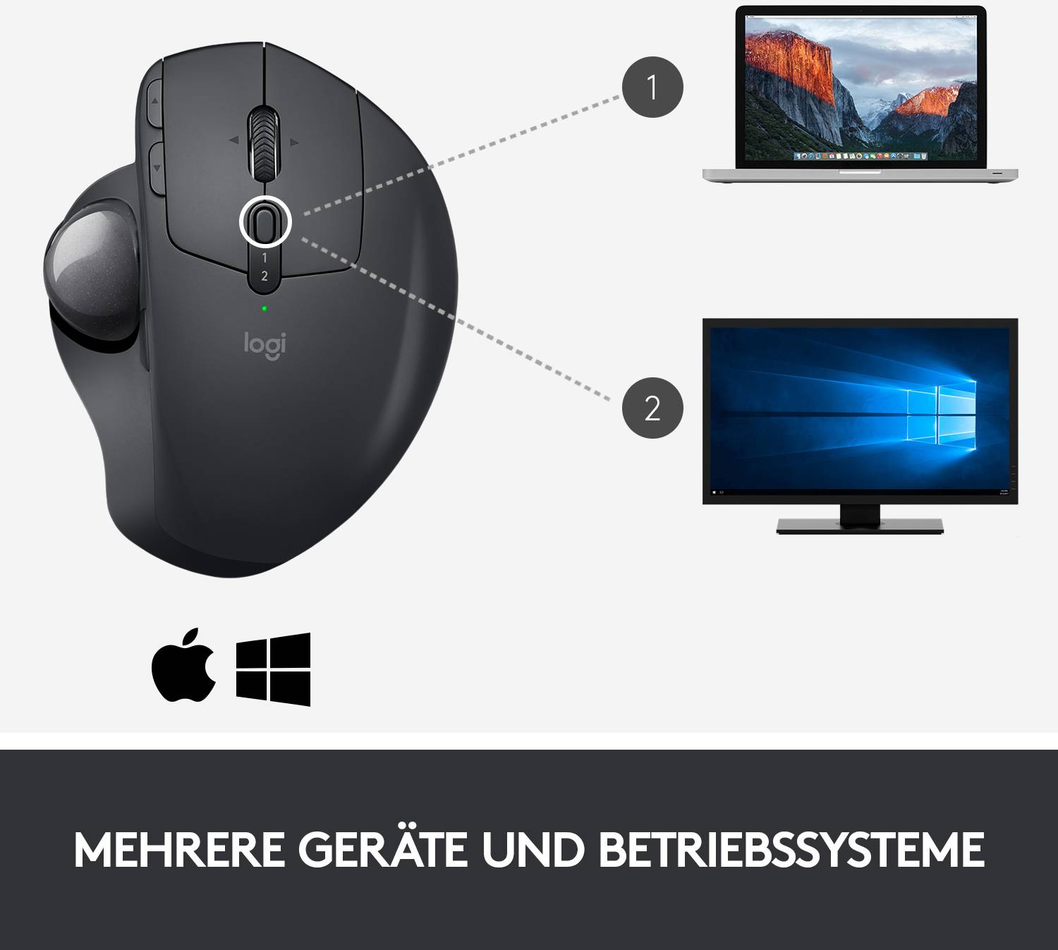 Logitech MX Ergo Trackball Bluetooth®, Funk Optisch Schwarz 8 Tasten 380 dpi Ergonomisch, Integrierter Trackball, Wiederaufladbar