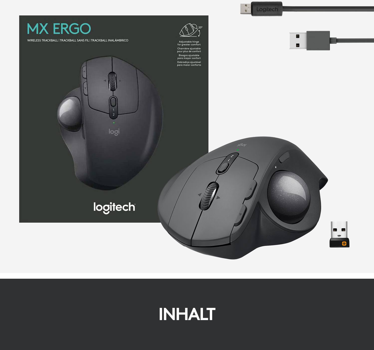 Logitech MX Ergo Trackball Bluetooth®, Funk Optisch Schwarz 8 Tasten 380 dpi Ergonomisch, Integrierter Trackball, Wiederaufladbar