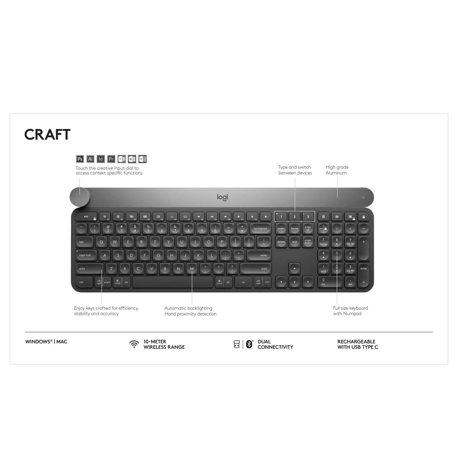 Logitech Craft Advanced USB, Funk, Bluetooth® Tastatur Deutsch, QWERTZ Schwarz Beleuchtet