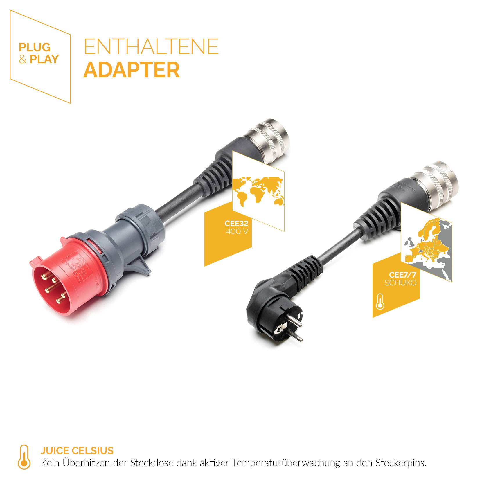 Zwei Adapter auf weißem Hintergrund: links CEE32 400V, rechts CEE7/Schuko. Beide mit Kabeln, nutzen PLUG & PLAY-System, überhitzen nicht.