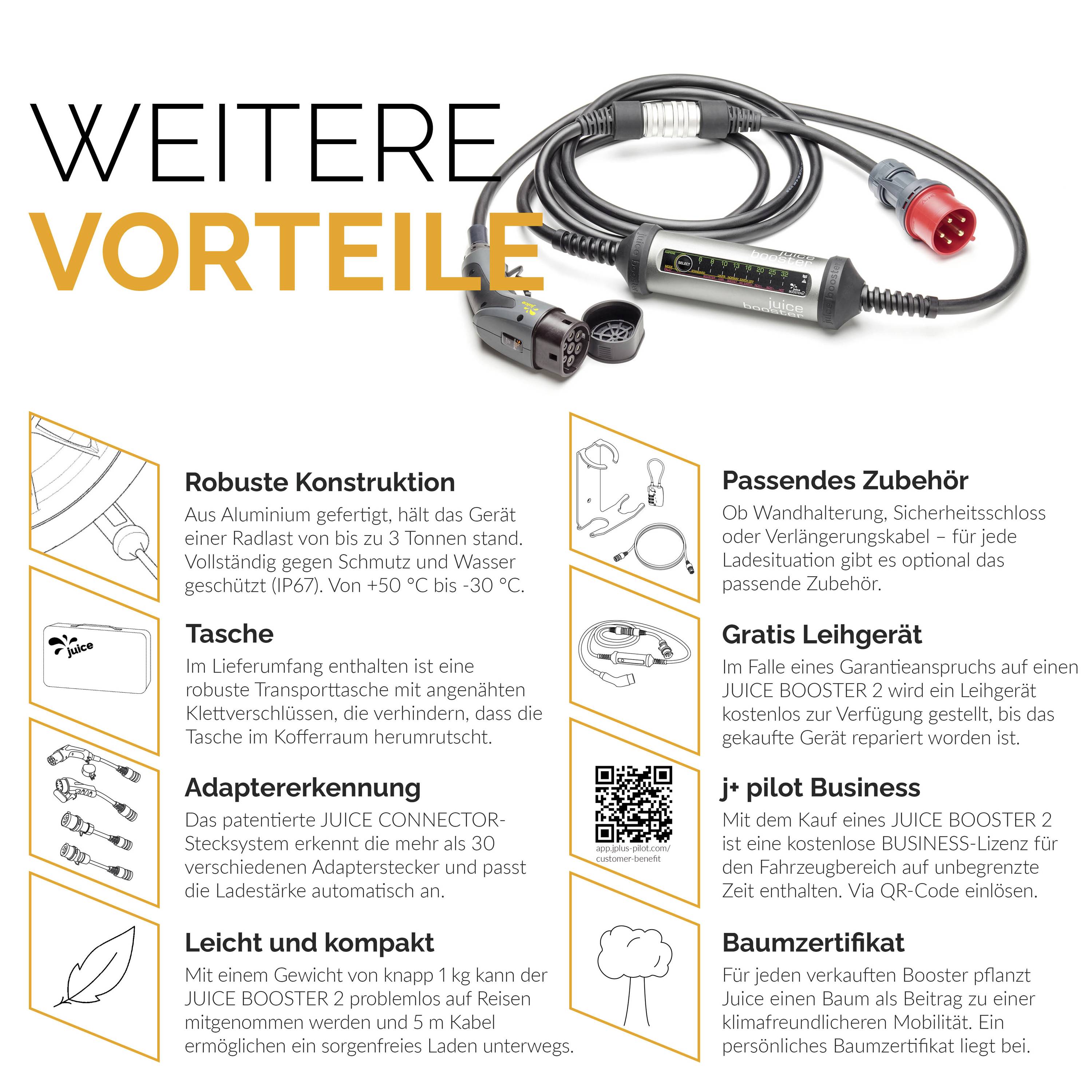 'Weitere Vorteile' eines Kabels. Robuste Konstruktion, Adaptervielfalt, Gratis Leihgerät. QR-Code zur Juice Booster Nutzung.