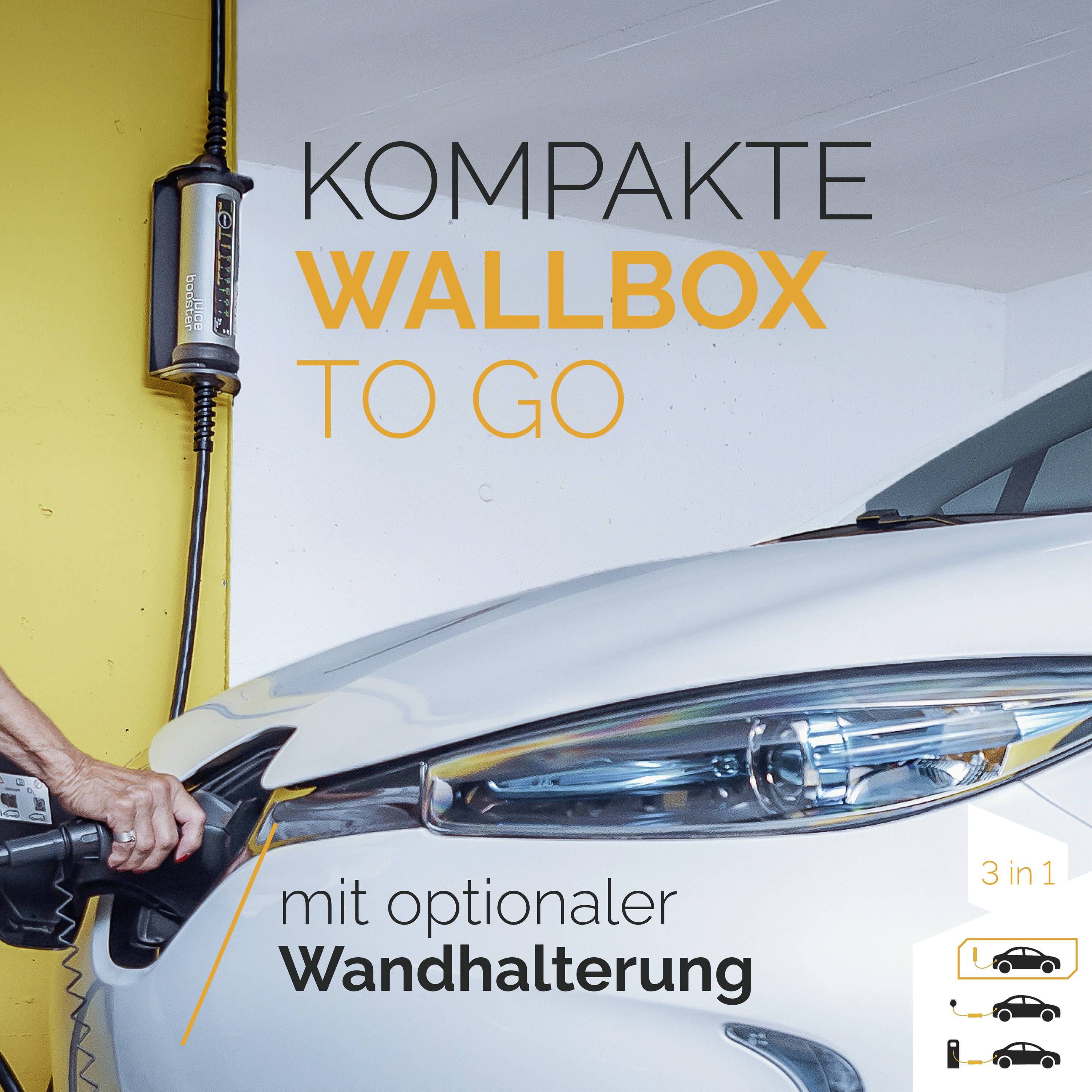 Auto wird mit einer kompakten Wallbox aufgeladen. Text: 'Kompakte Wallbox to go mit optionaler Wandhalterung'.