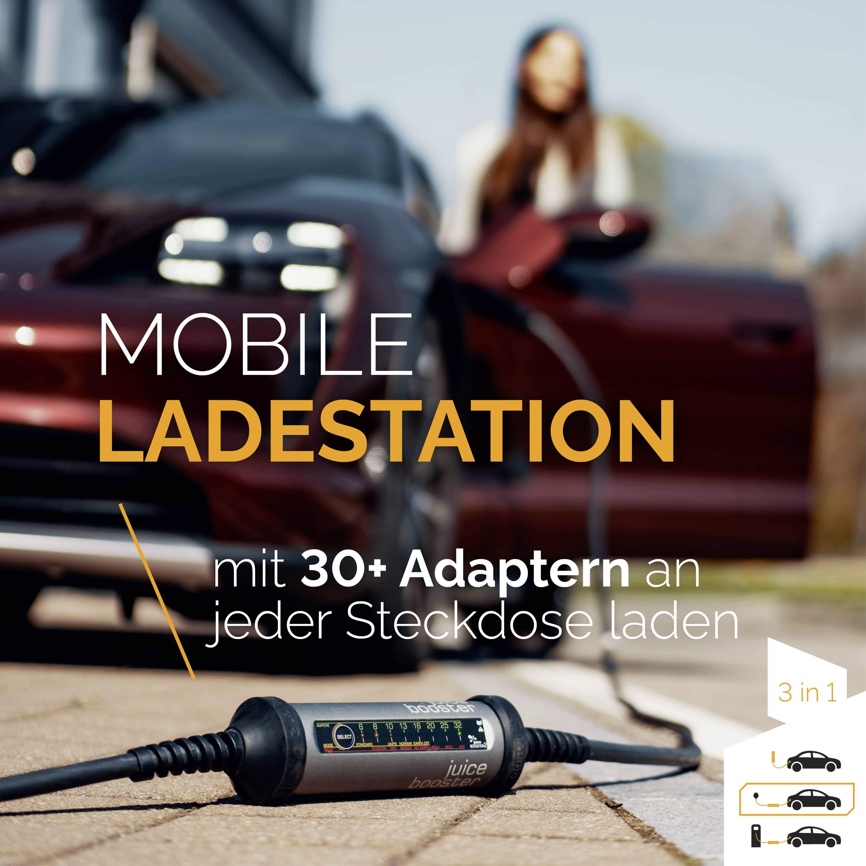 'Mobile Ladestation mit über 30 Adaptern' zeigt ein Ladekabel vor einem Auto. Eine Person steht unscharf im Hintergrund.