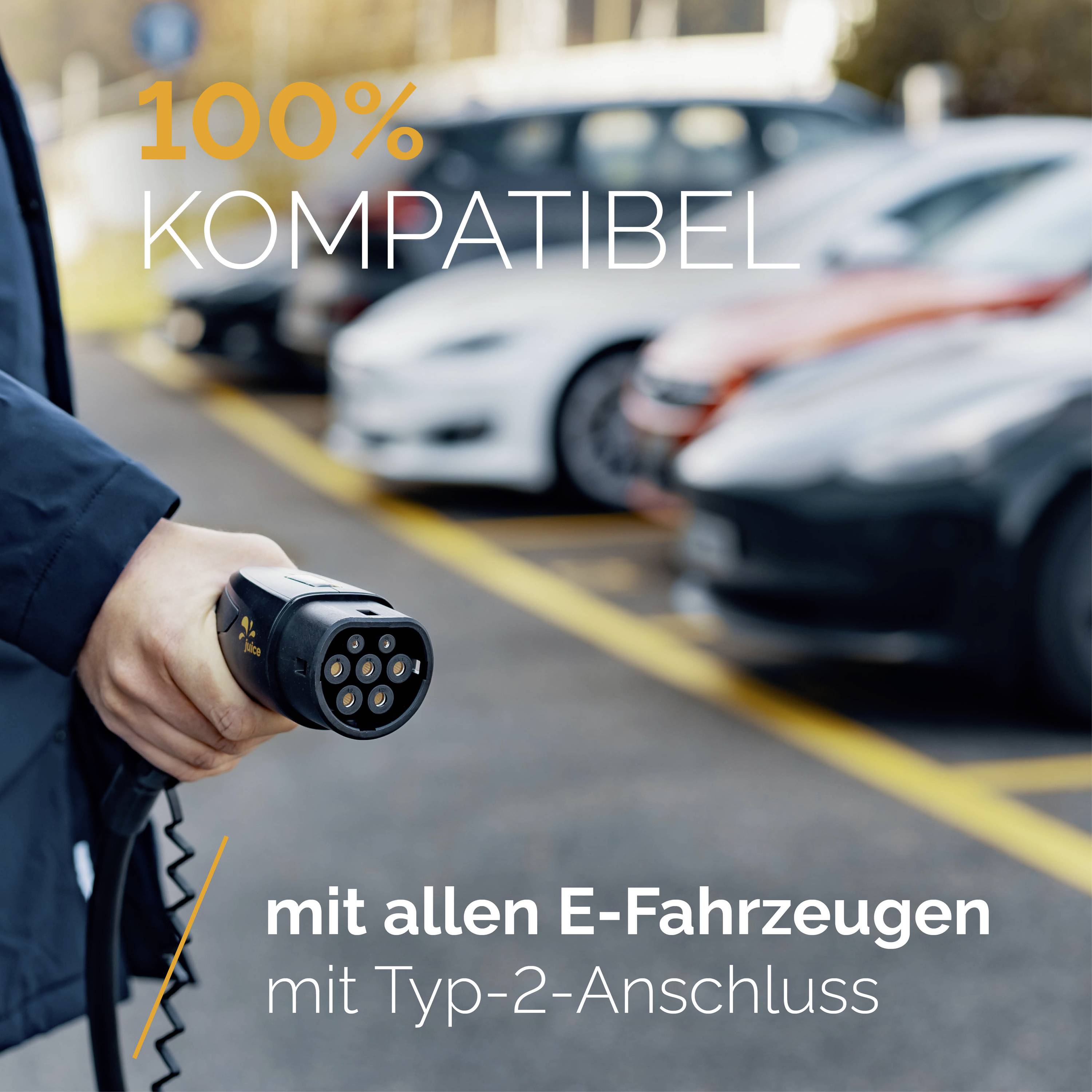 Ladekabel für Elektrofahrzeuge in der Hand einer Person, im Hintergrund Autos. Text: '100% kompatibel mit allen E-Fahrzeugen mit Typ-2-Anschluss'.