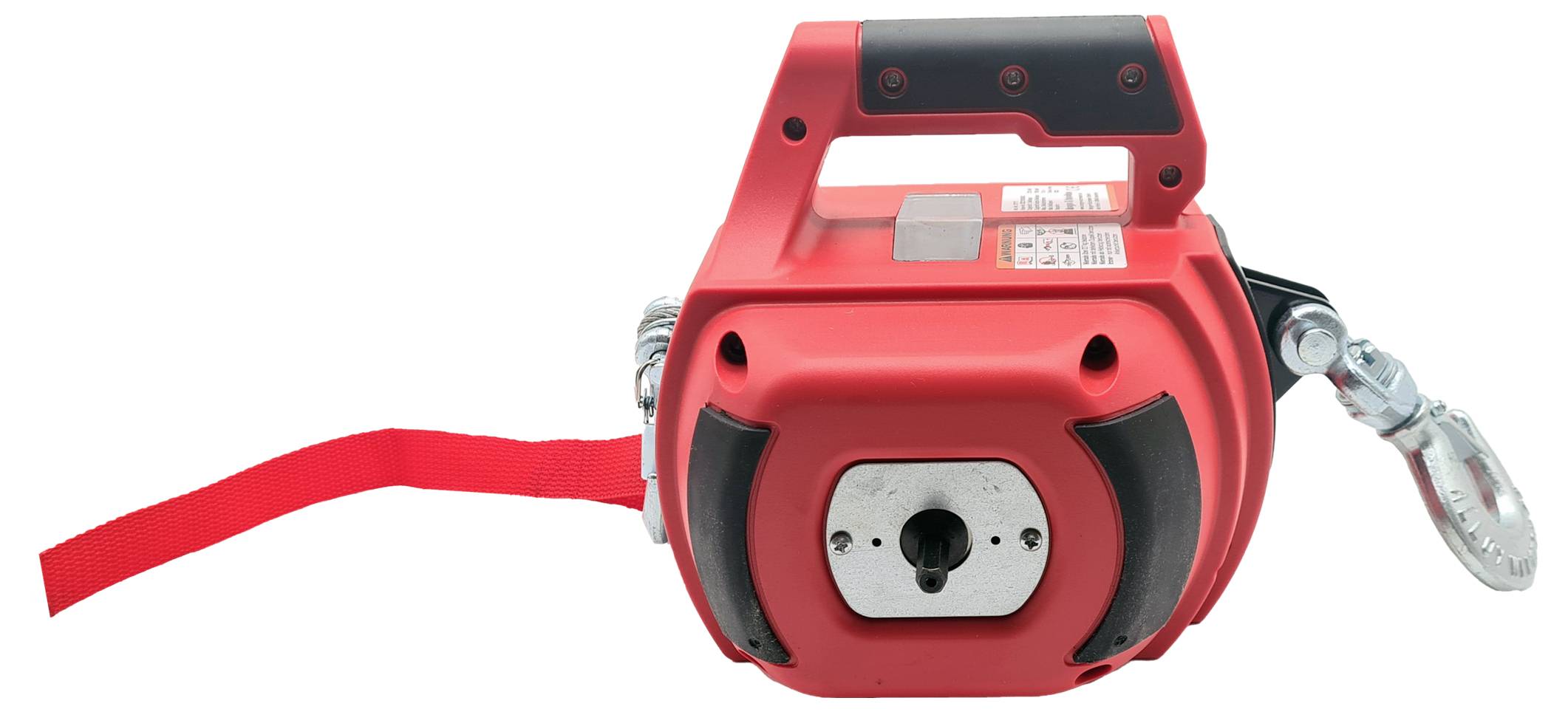 Ein rotes Sicherheitsgerät mit Karabinerhaken und Gurt, das zum Schutz bei Höhenarbeiten verwendet wird.
