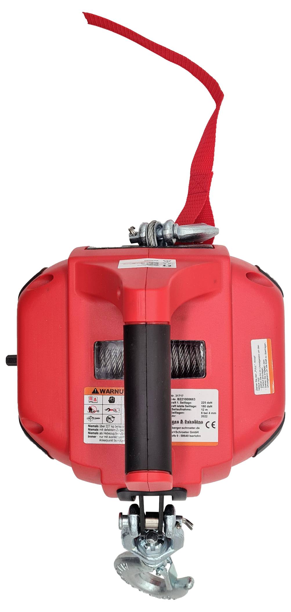 Ein roter, tragbarer Seilzug mit Haken und Sicherheitswarnungen. Hauptsächlich für Hebe- und Sicherungsarbeiten vorgesehen.