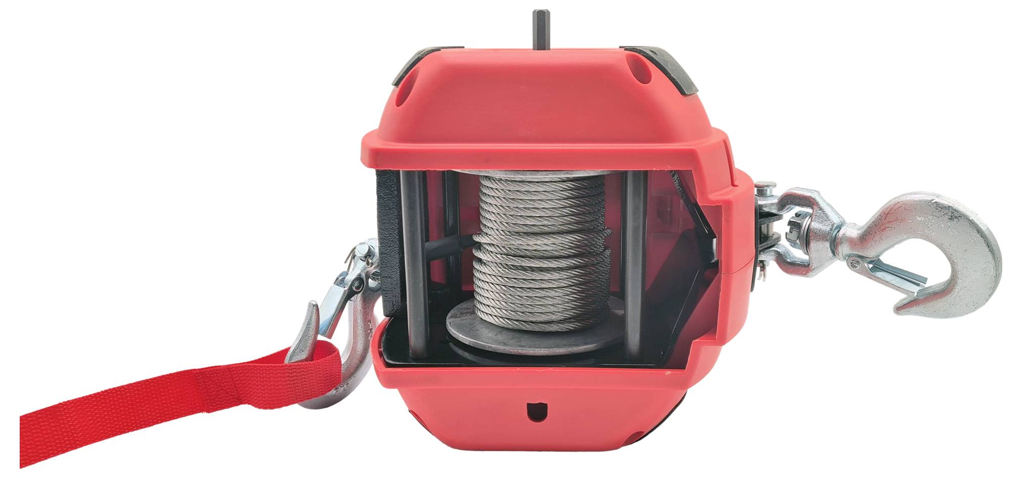 Ein roter Seilzug mit Haken und Stahlseil, geeignet für das Anheben oder Ziehen von Lasten. Klar sichtbar sind der Seiltrommel und die Metallhaken.