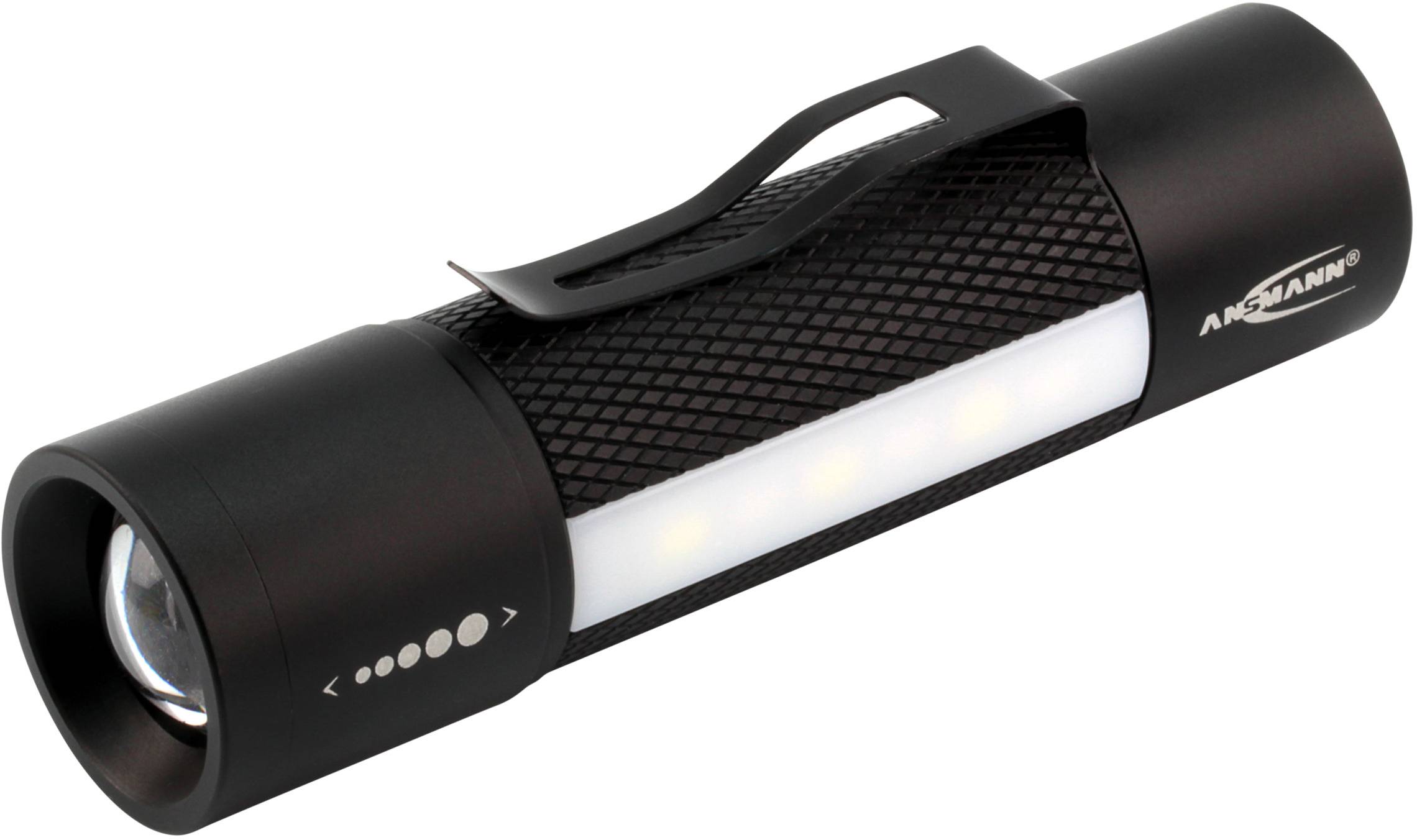 Schwarze Taschenlampe mit Clip, LED-Lichtleiste und strukturiertem Griff für besseren Halt. Kompakt und tragbar für vielseitigen Einsatz.