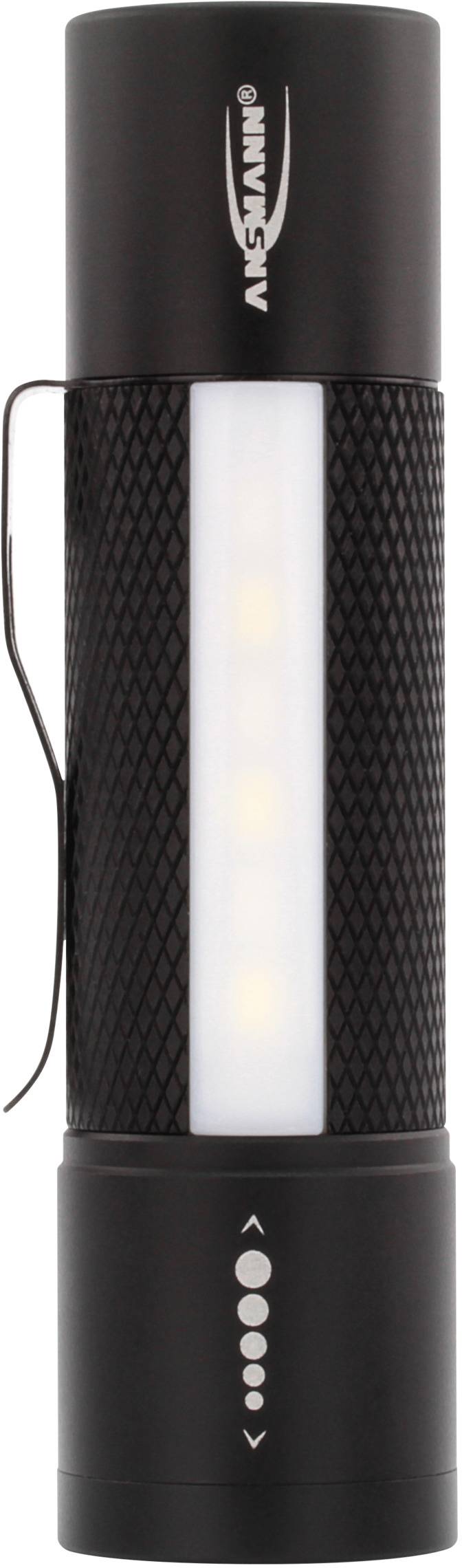 Schwarze Taschenlampe mit Netzstruktur und Clip. Eingeschaltete Lichter im Inneren sichtbar.