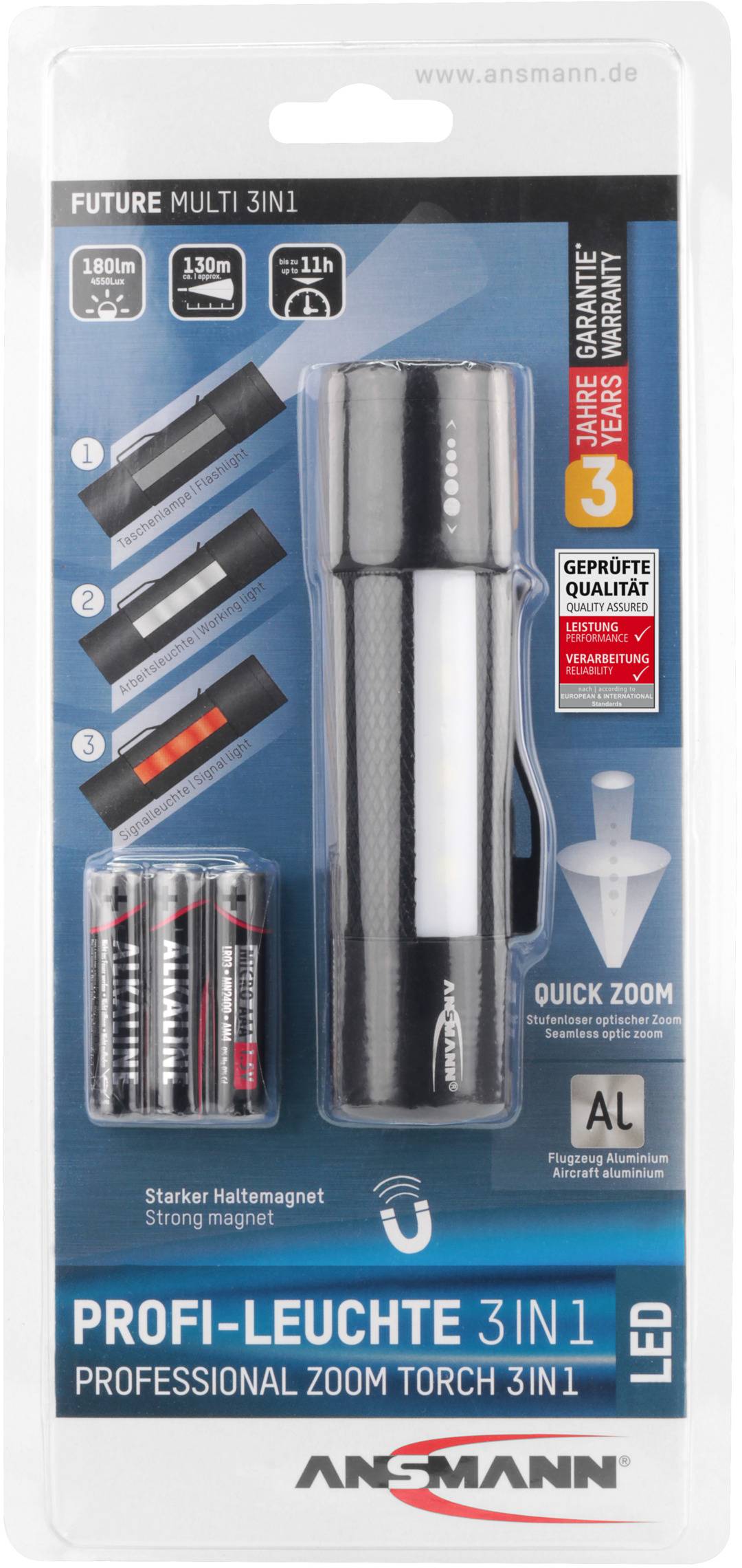 'Future Multi 3 in 1 LED Taschenlampe' in Verpackung. Enthält auch Batterien. Merkmale: starker Magnet, Schiebefokus, 3 Jahre Garantie.