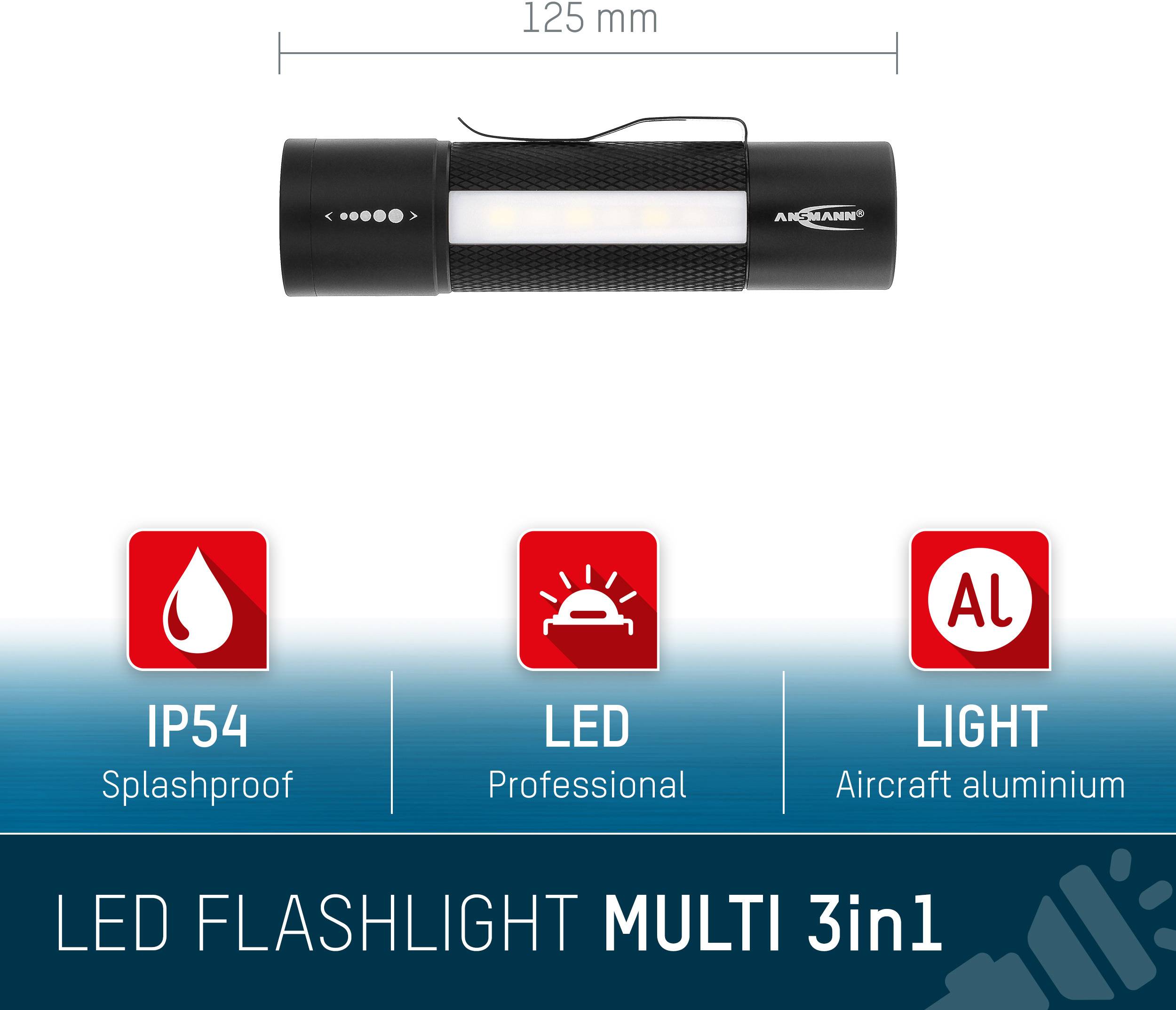 'LED Taschenlampe MULTI 3in1' zeigt eine schwarze, 125 mm lange Taschenlampe. Eigenschaften: spritzwassergeschützt (IP54), professionelles LED-Licht, Aluminium-Gehäuse.