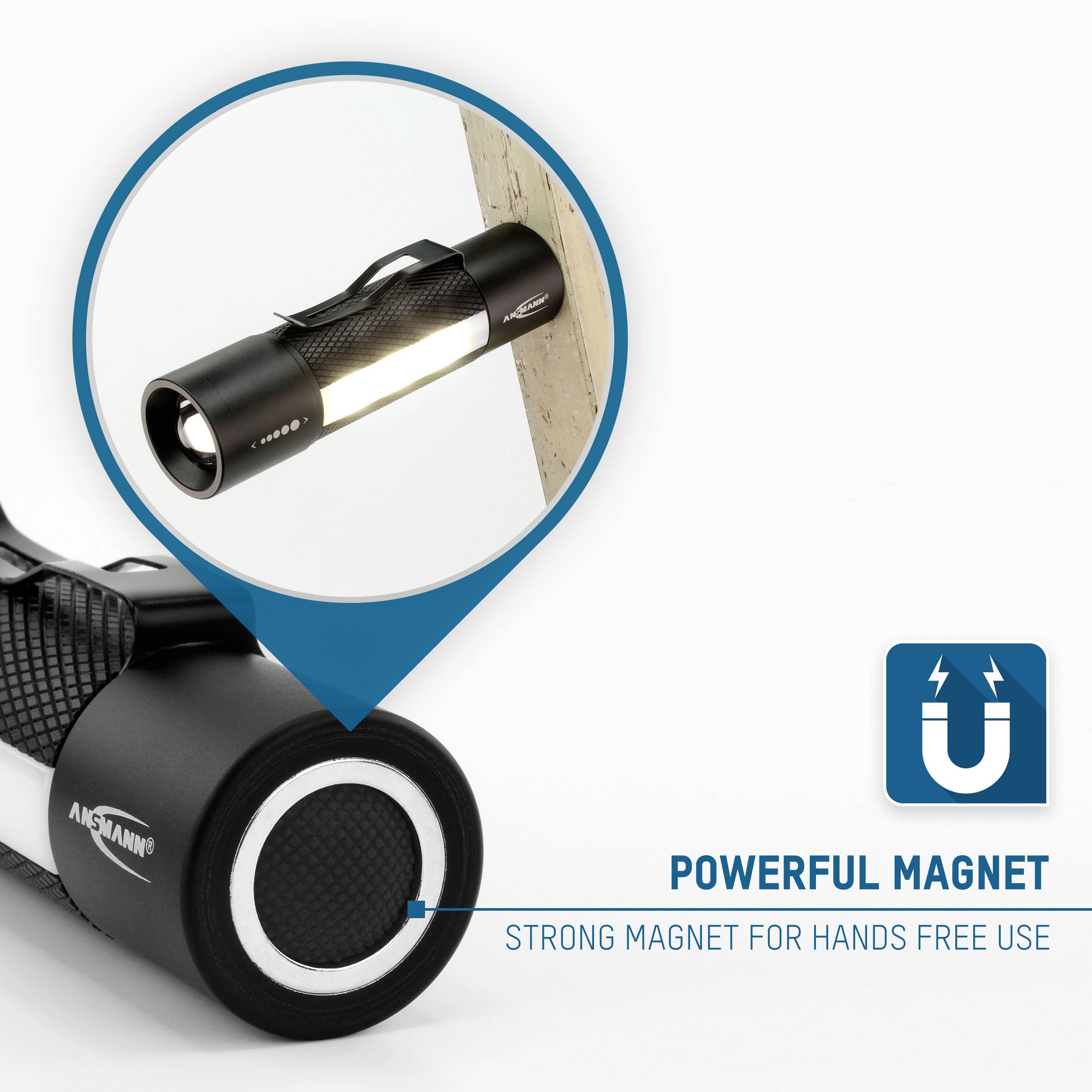 Taschenlampe mit Magnet, befestigt an Holzoberfläche. Beschriftung: 'Powerful Magnet for Hands Free Use.' Elektromagnet-Symbol sichtbar.