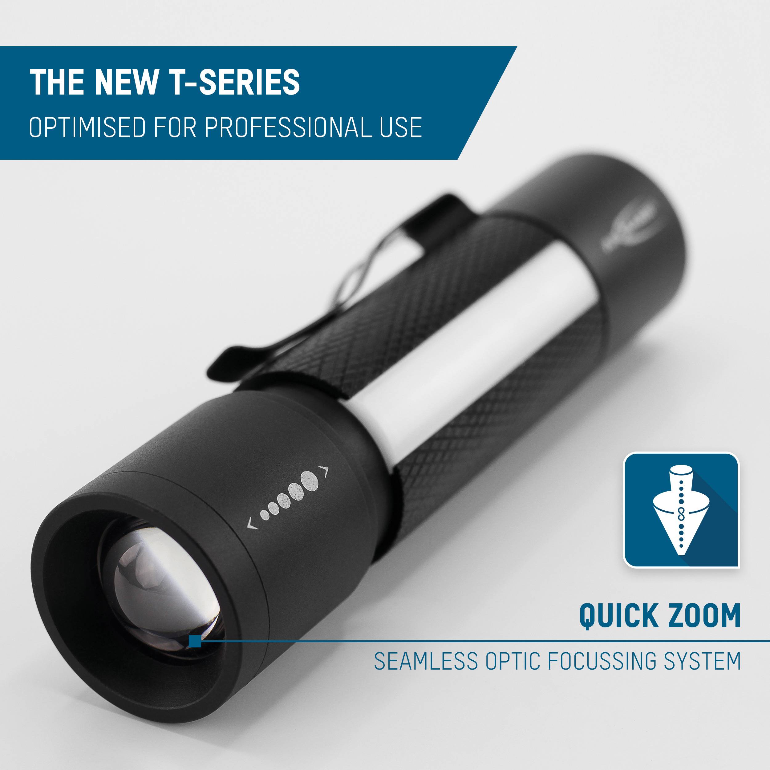 Taschenlampe aus der neuen T-Serie, optimiert für Profis, mit nahtlosem optischem Fokussiersystem und schnellem Zoom.