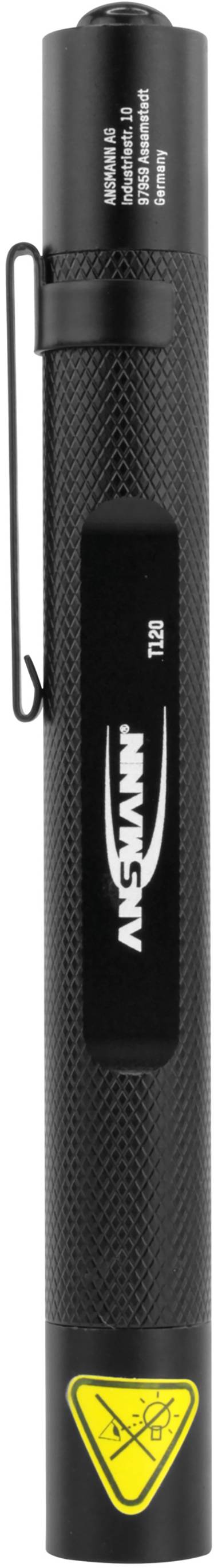 Schwarze Taschenlampe in Stiftform mit einem Clip und einem gelben Warnsymbol für Laserstrahlung.