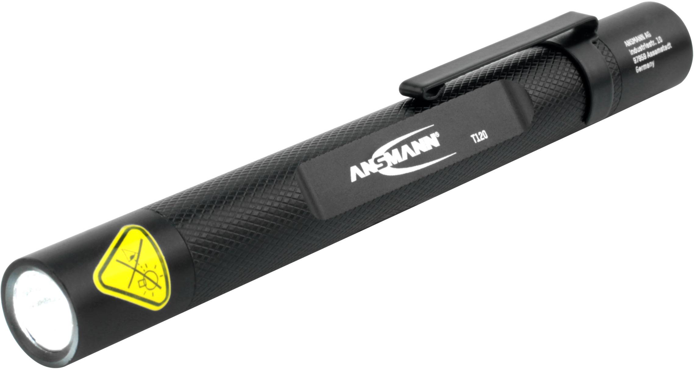 Taschenlampe in Stiftform mit Clip und Laserwarnzeichen.