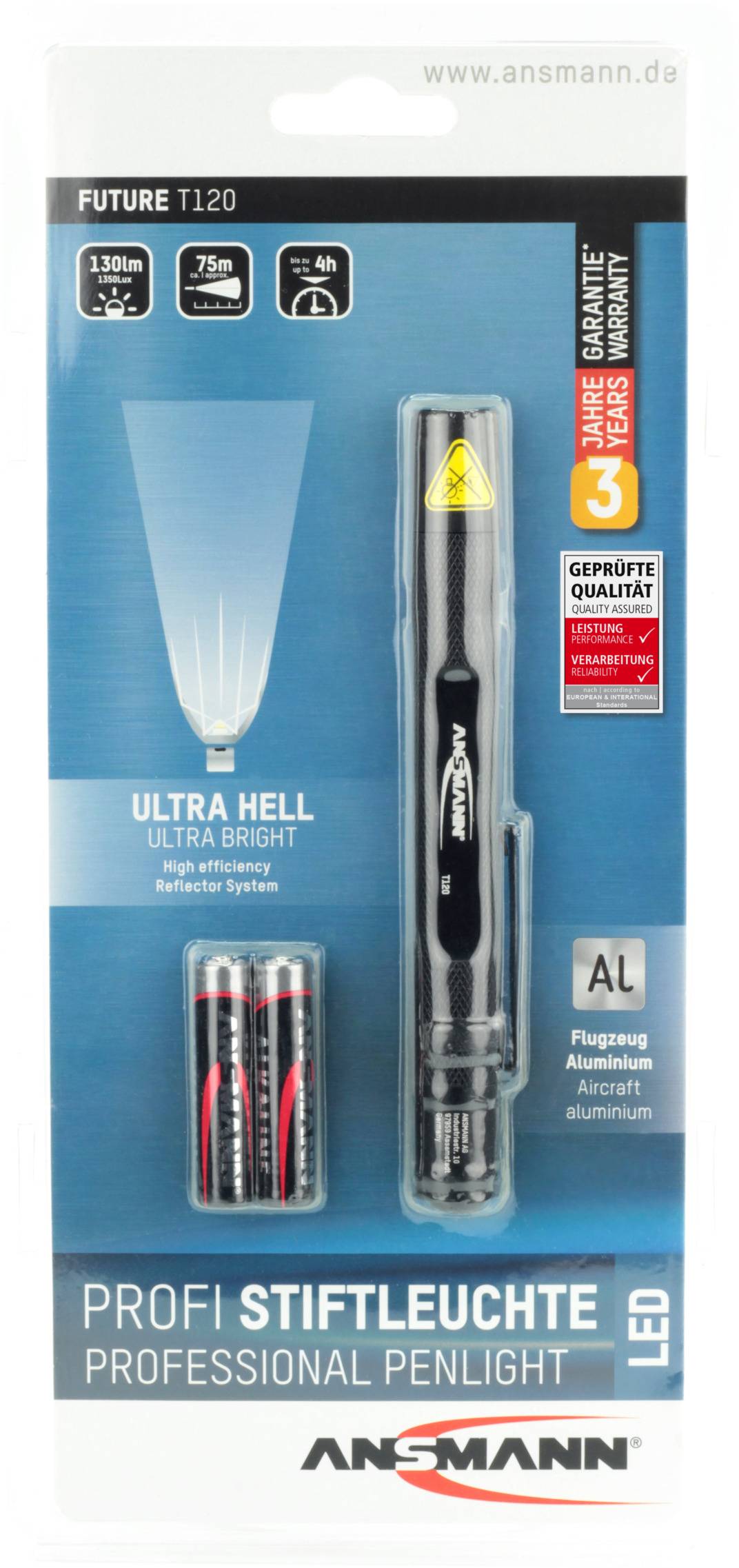 'Ansmann LED-Stiftleuchte Future T120' Verpackung mit Leuchte, 3 AAA-Batterien, 130 Lumen, 75 m Reichweite, 4 Std. Laufzeit.