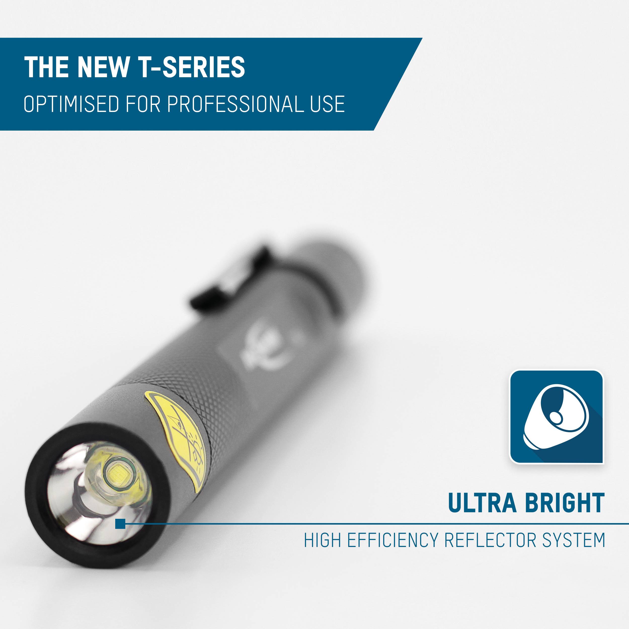 Taschenlampe der neuen T-Serie, optimiert für professionellen Einsatz. Helligkeitskennzeichnung und energieeffizientes Reflexsystem hervorgehoben.