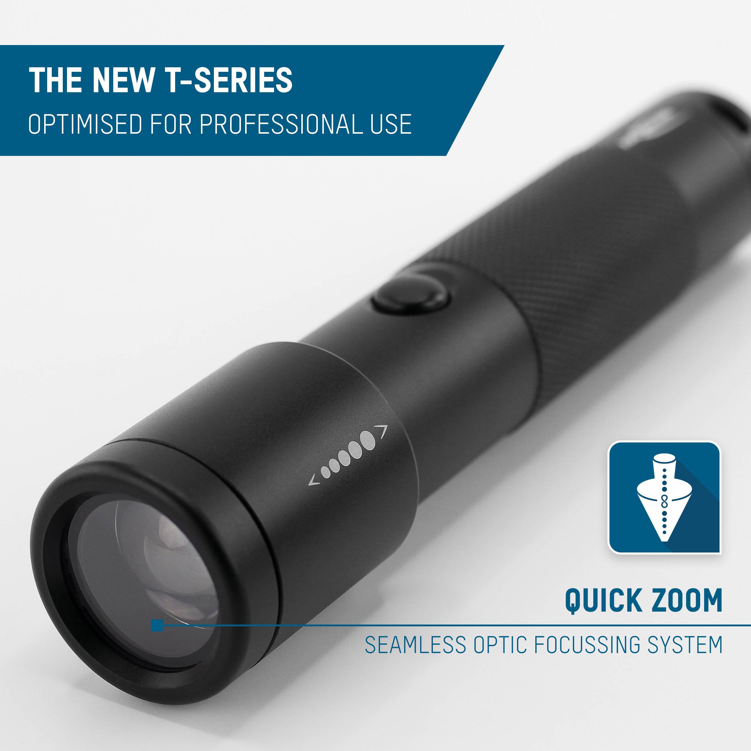 Taschenlampe der neuen T-Serie mit schnellem Zoom und nahtlosem Fokussiersystem, optimiert für professionellen Einsatz.