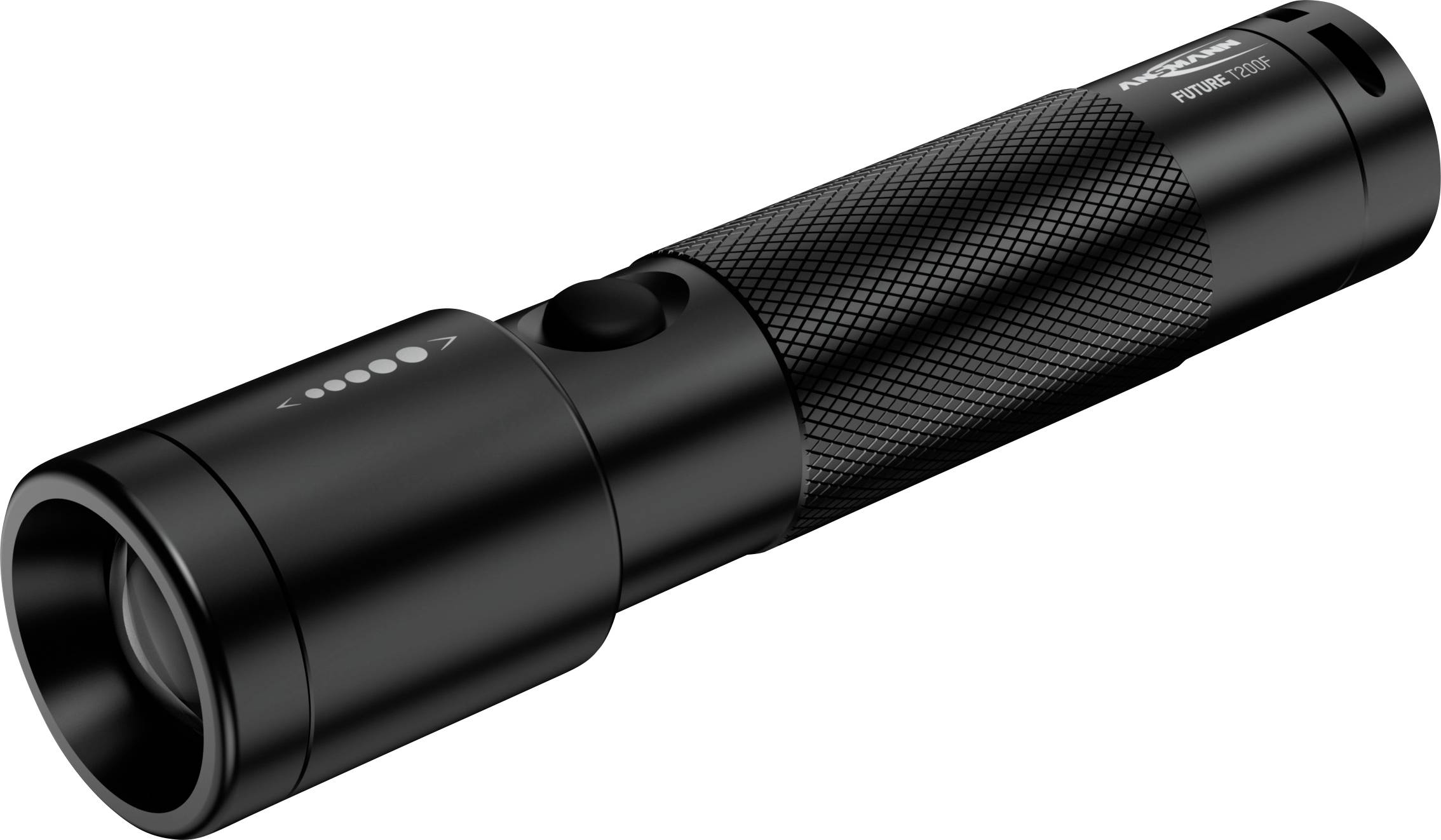 Schwarze Taschenlampe mit Griffrillen, seitlichem Knopf und Ladeanzeige mit fünf Punkten.