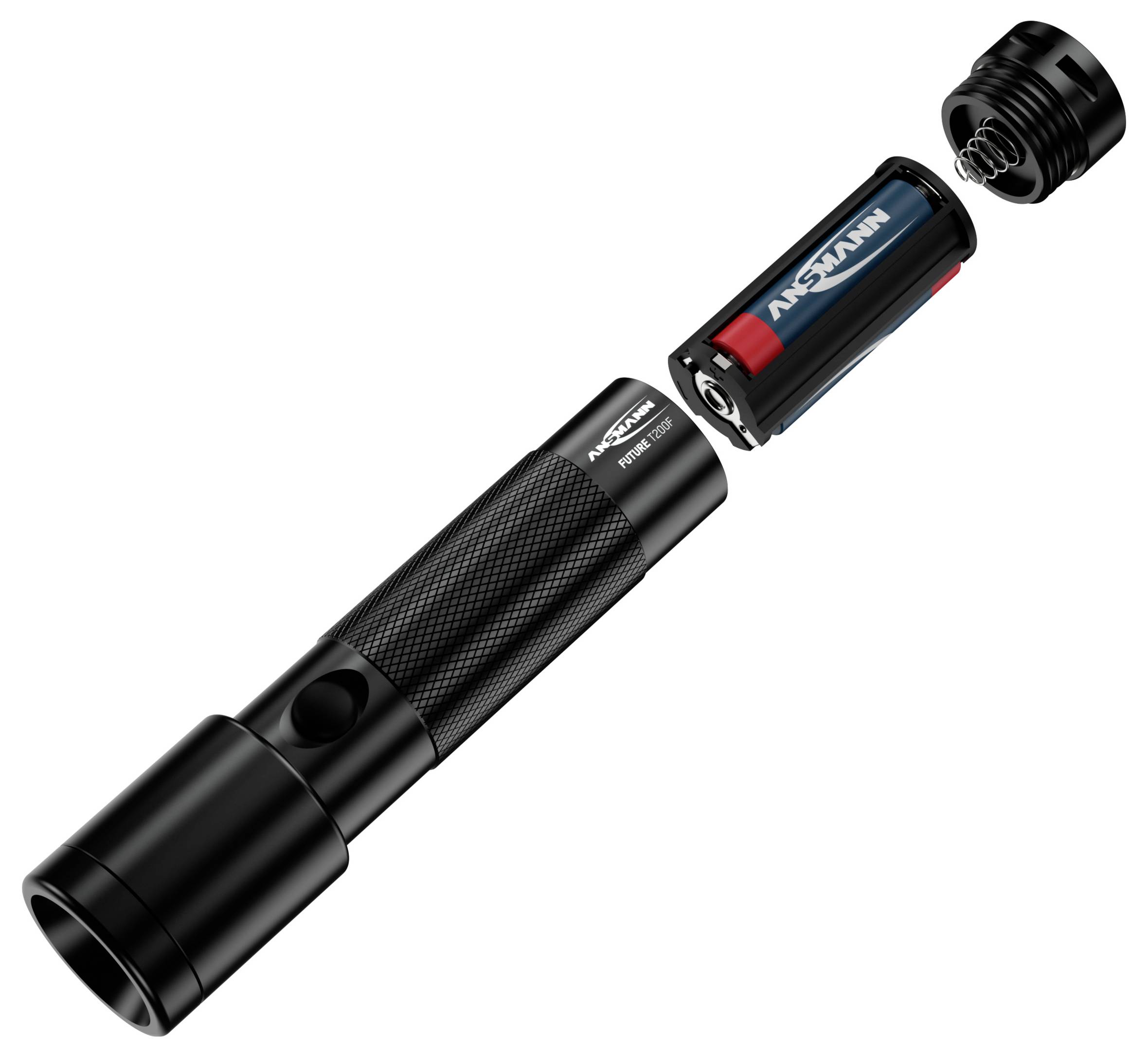 Taschenlampe mit geöffnetem Batteriefach, zeigt Batterie und Federmechanismus, isoliert auf weißem Hintergrund.