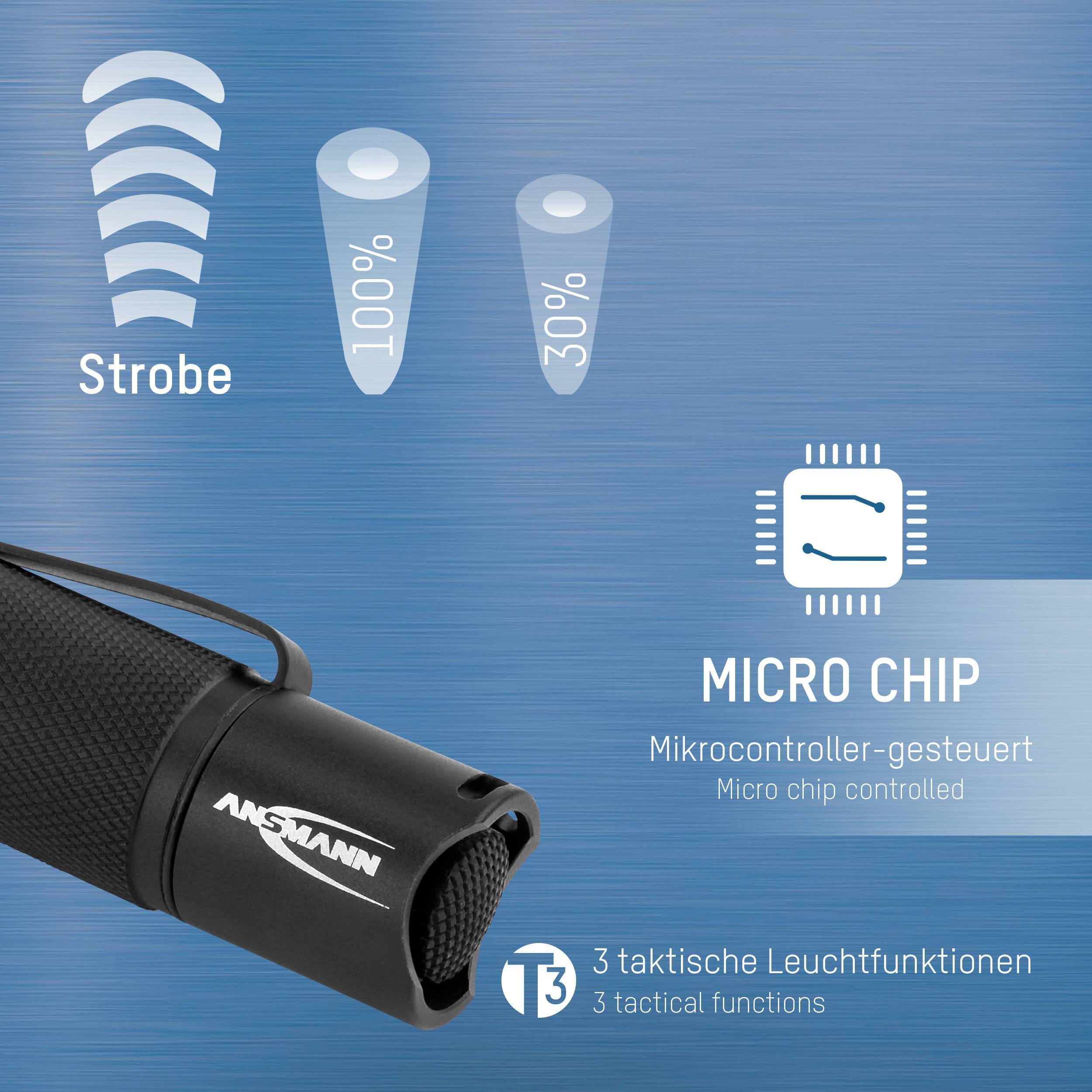 Taschenlampe mit drei Leuchtfunktionen: Strobe, 100%, Mikrocontroller-gesteuert. Enthält Mikrochips für optimierte Bedienung.