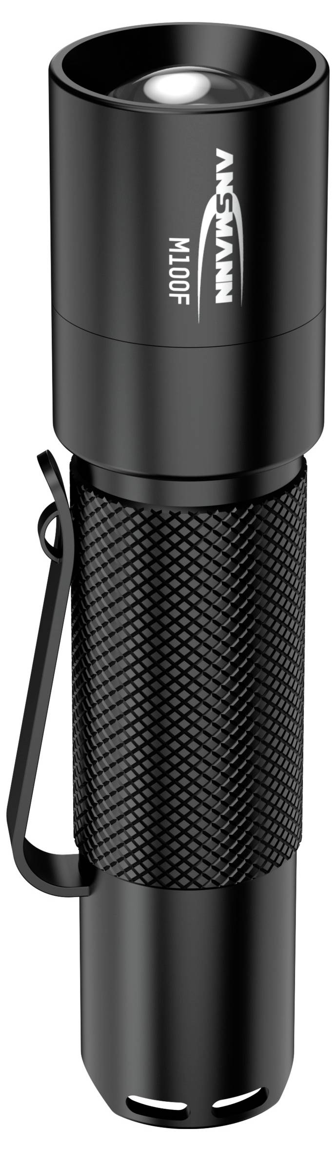 Schwarze Taschenlampe mit klarem Glas und Riffelgriff, seitliche Befestigungsklammer, Marke 'Ansmann', Modell 'M100F'.