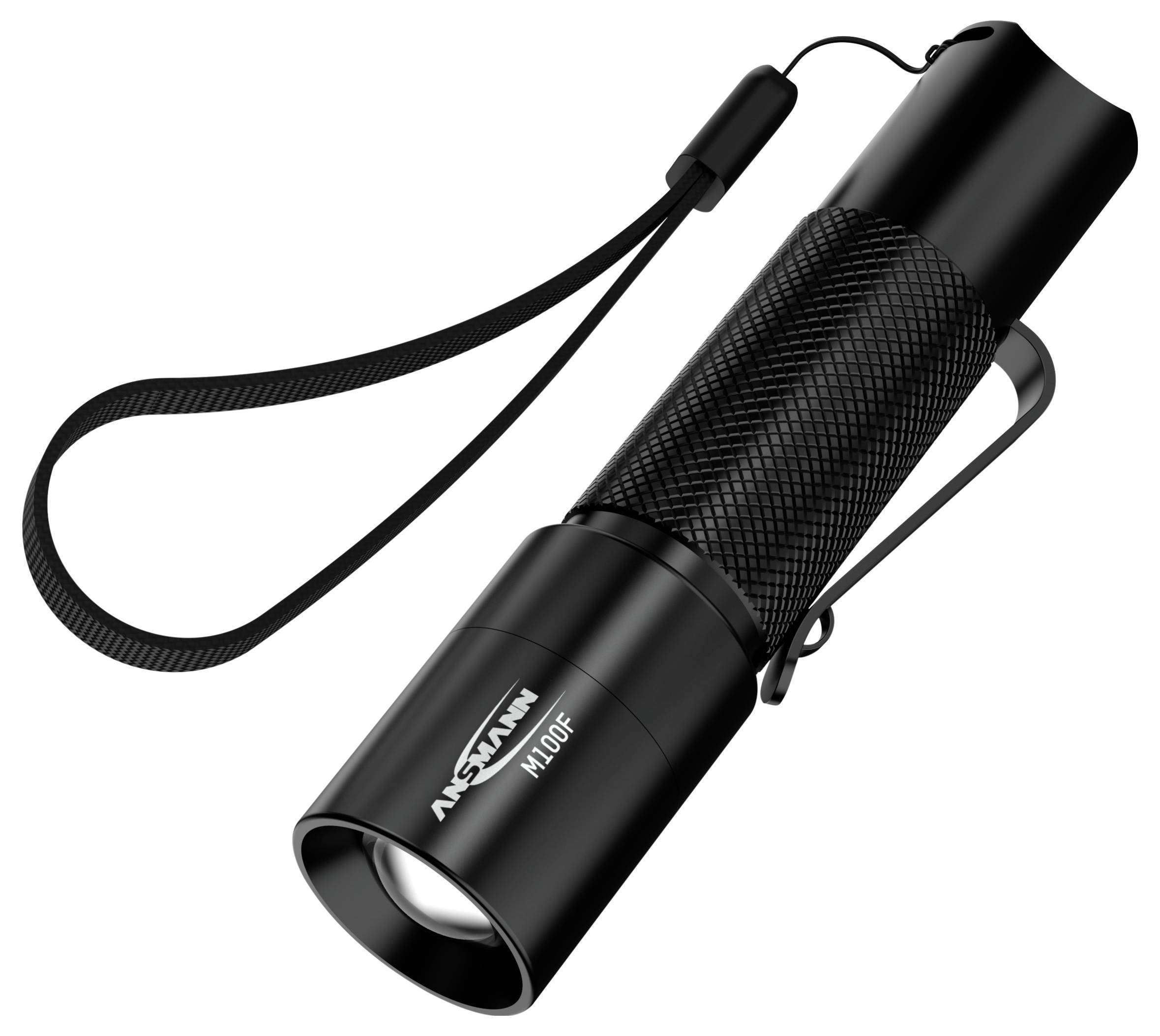 Schwarze Taschenlampe mit Handschlaufe und Clip, geeignet für Outdoor- oder Notfallnutzung.