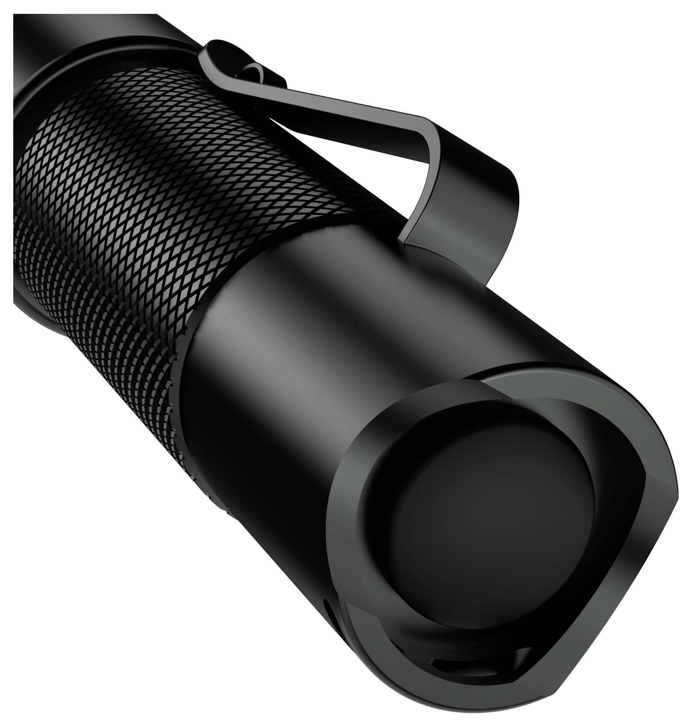 Schwarze Taschenlampe mit Texturgriff und Clip, zeigt die Vorderseite mit Ein/Aus-Schalter und reflektierender Oberfläche.