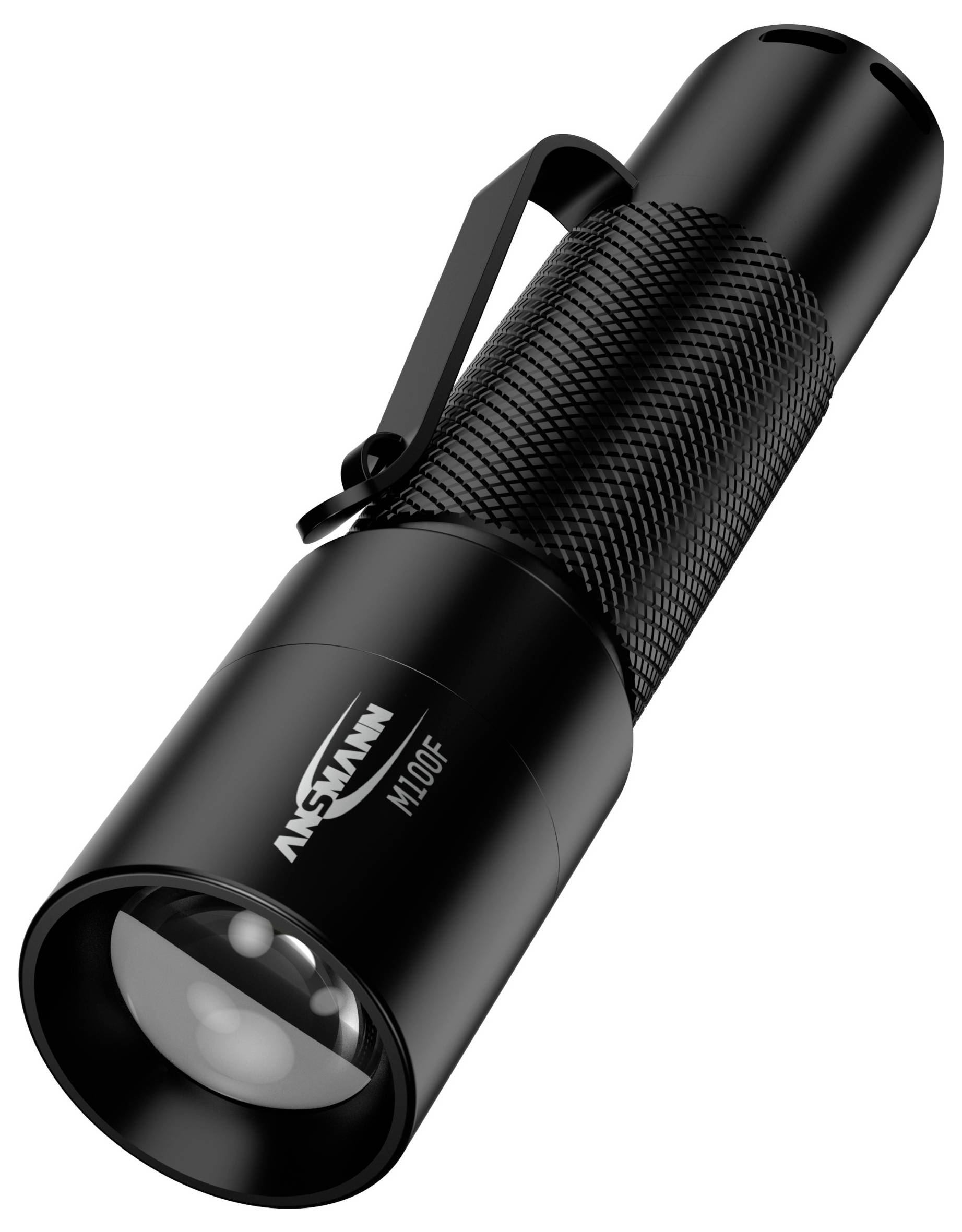 Eine schwarze Taschenlampe mit strukturierter Griffoberfläche und einem Clip an der Seite. Geeignet für kompakte Beleuchtung.