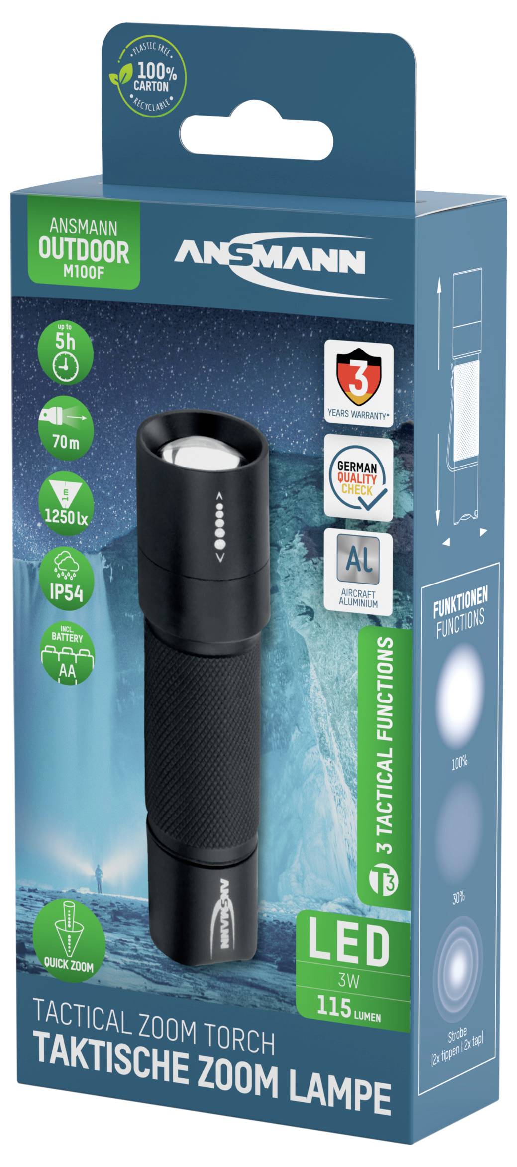 Taktische Zoomlampe mit 3 hellen LED-Lichtmodi, stoßfestem Gehäuse und Schutzart IP54, ideal für Outdoor-Abenteuer und Rettungseinsätze.