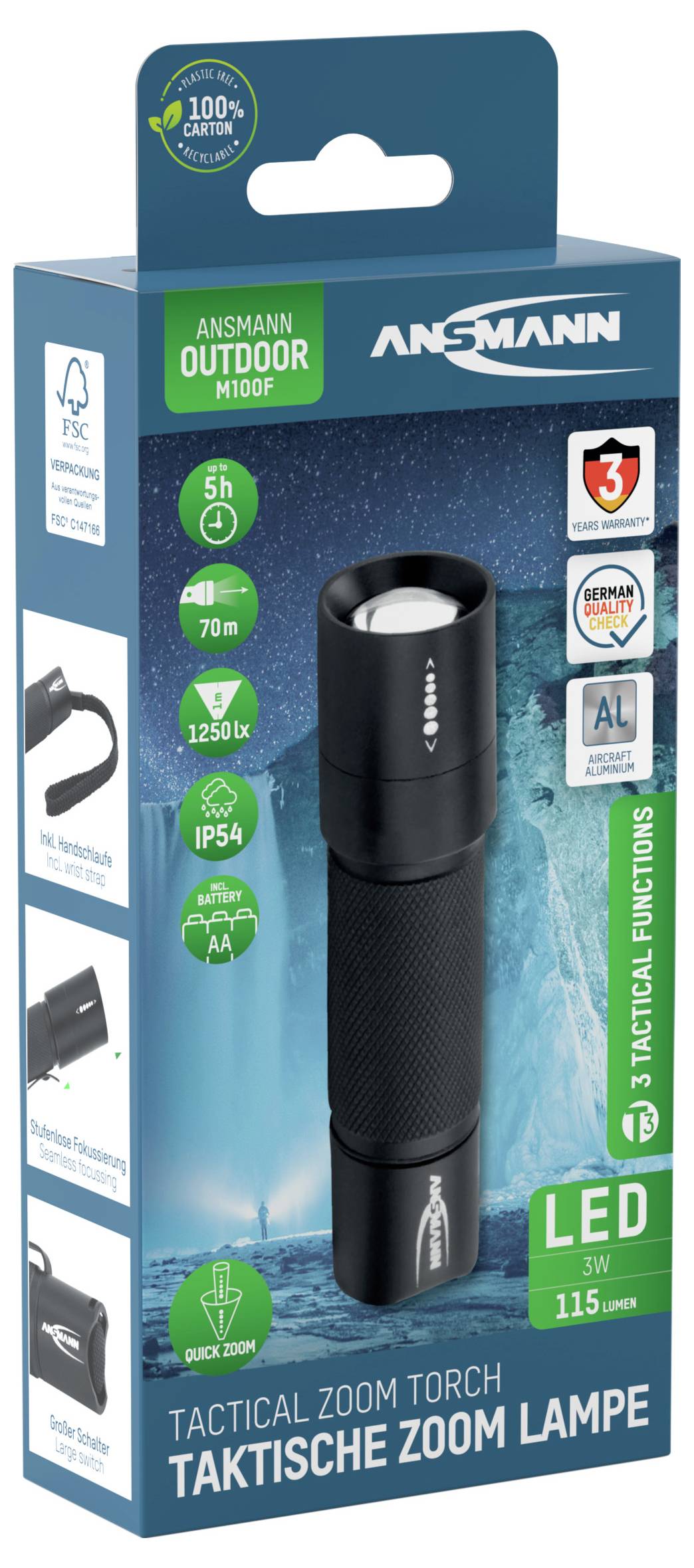 Taschenlampe in Verpackung, gekennzeichnet als 'Taktische Zoom Lampe'. Details: 5 Stunden Laufzeit, 115 Lumen, LED, IP54-Schutz.