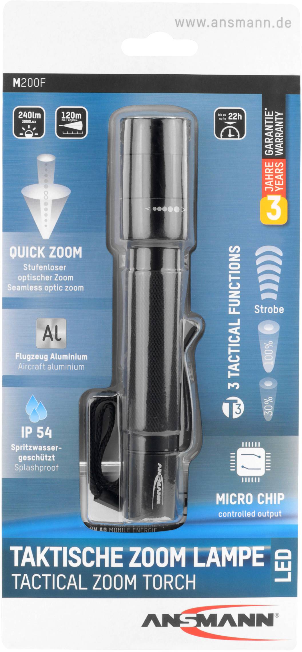 Ansmann M200F LED Taschenlampe mit Gürtelclip, mit Handschlaufe batteriebetrieben 240lm 174g